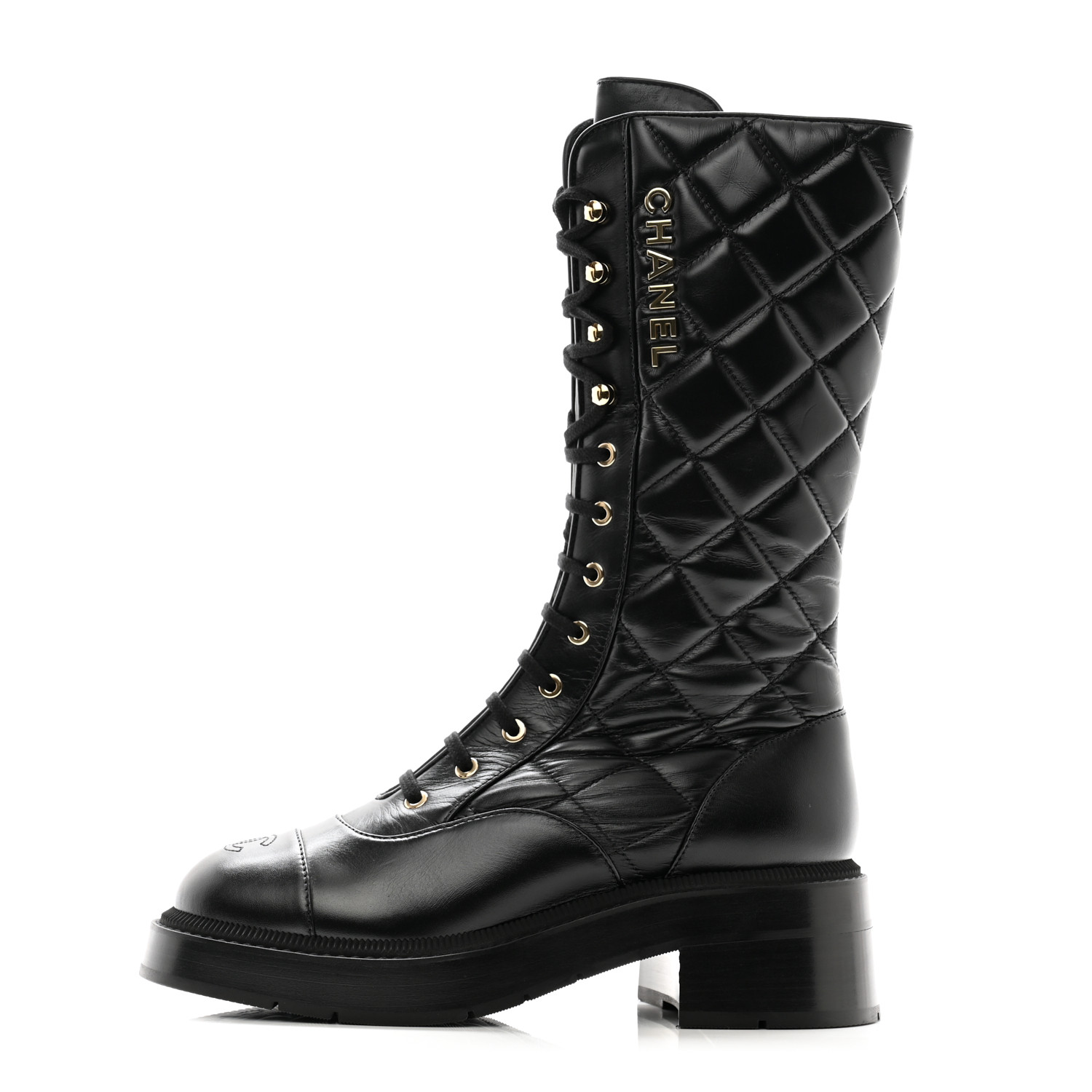 CHANEL ブラック ハイヒール キルティング CHANEL Shiny Calfskin Quilted Chain Lace Up Combat Long