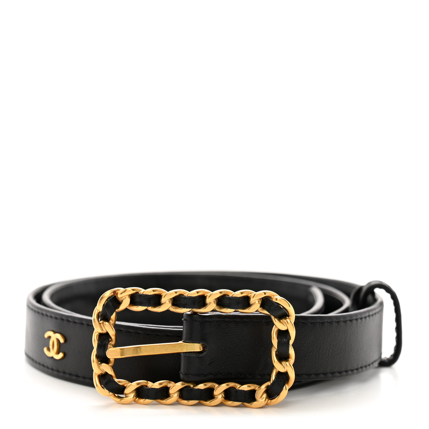 CHANEL Lambskin Chain Square Buckle Belt 70 28 Black 1634234