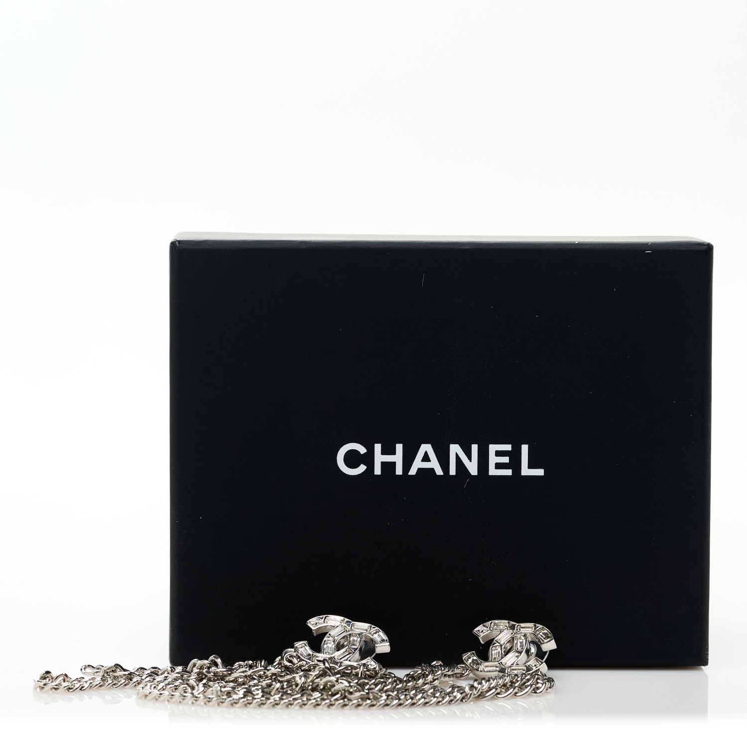 CHANEL Crystal Baguette CC Chain Drop Earrings Silver