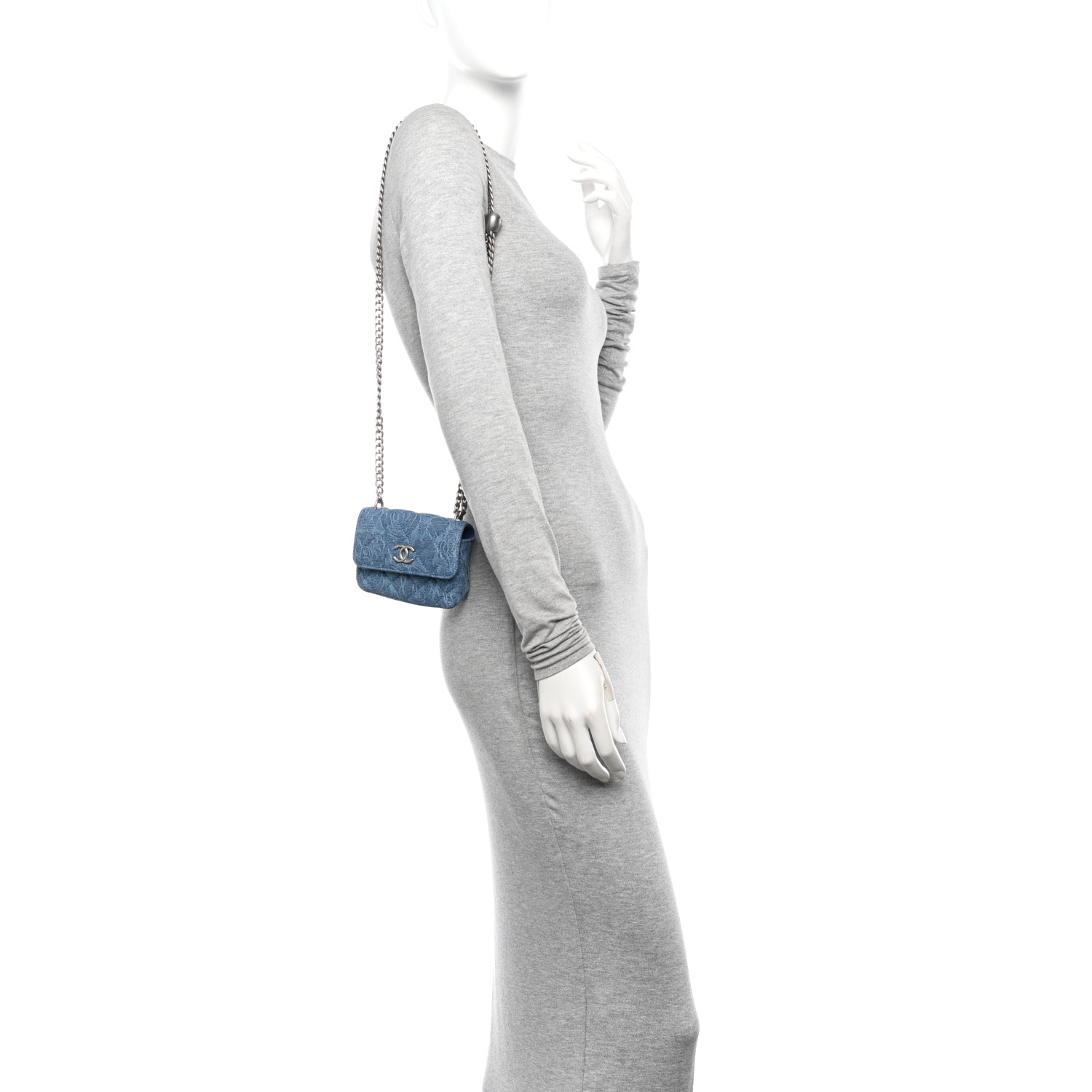 CHANEL Denim Quilted Camellia Sweetheart Clutch With Chain