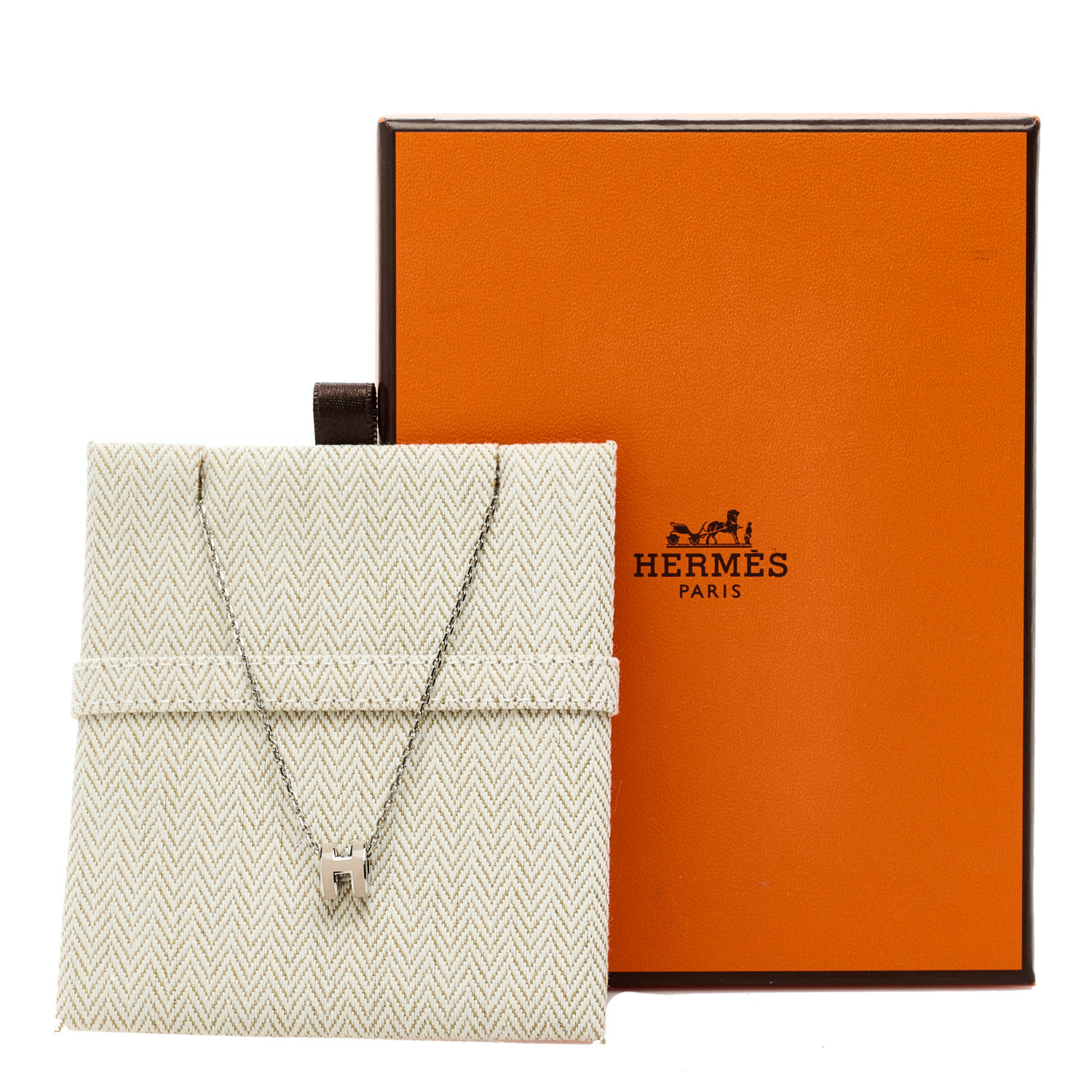 ★Hermes★(W) Mini Pop H Pendant★Palladium & Marron Glace HERMES Palladium Mini Pop H Pendant Necklace Marron Glace