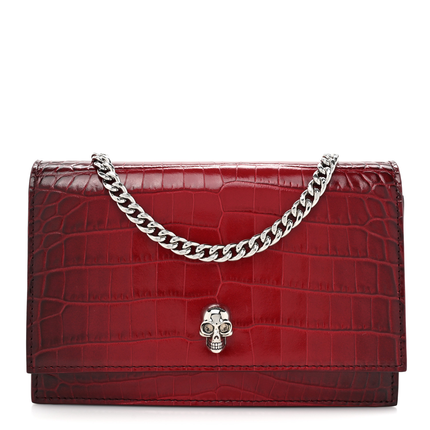 ALEXANDER MCQUEEN★素敵！Red SKULL Leather PHONE CASE BAG ALEXANDER MCQUEEN Calfskin Crocodile Embossed Skull Mini