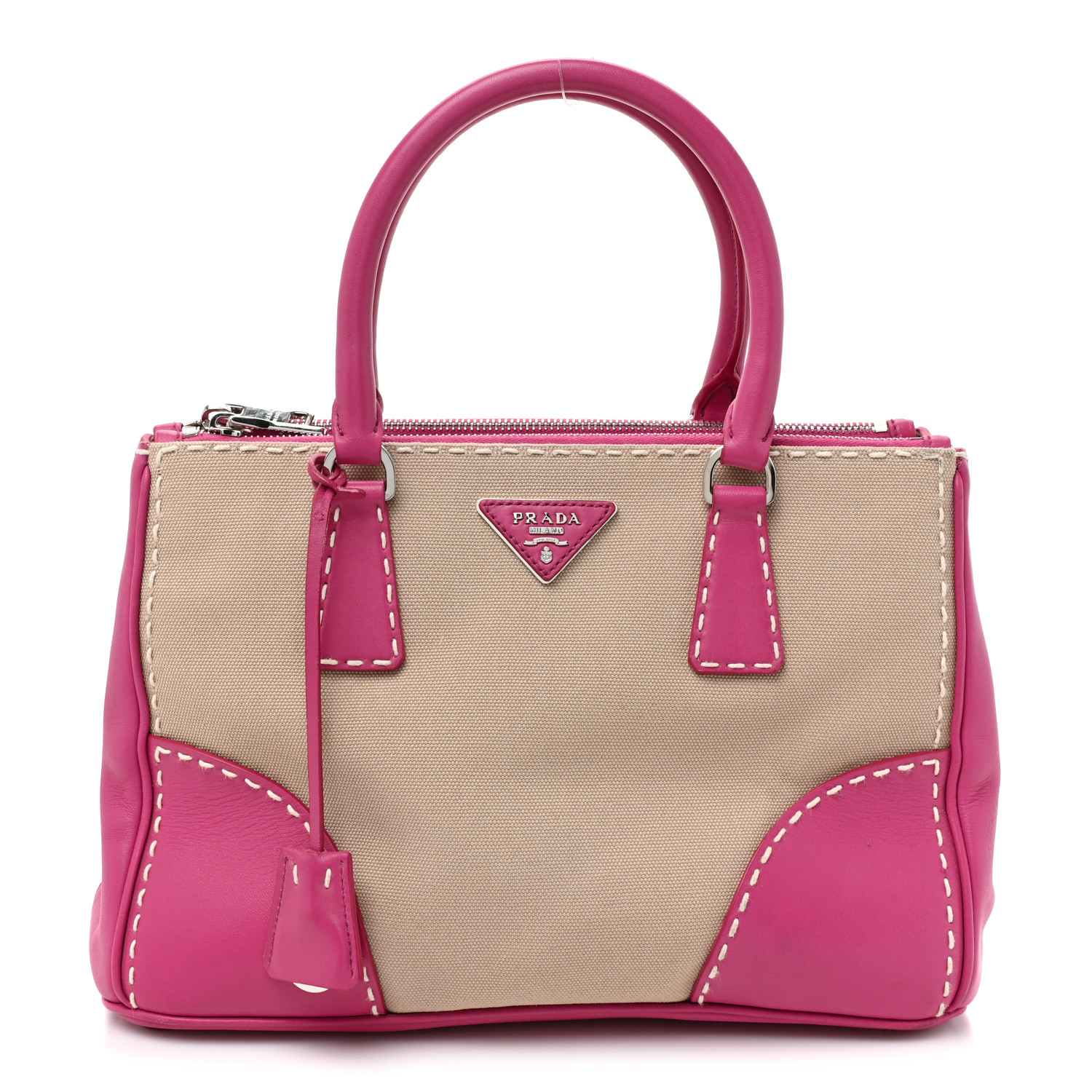 PRADA Canvas City Calf Stitched Galleria Double Zip Tote