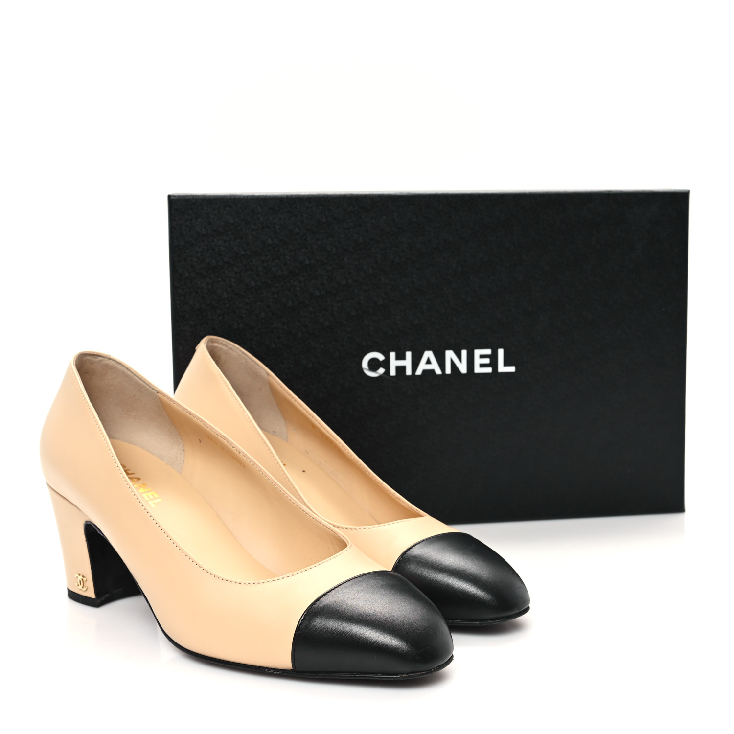 CHANEL Lambskin Cap Toe CC Uniform Pumps 41 Beige Black