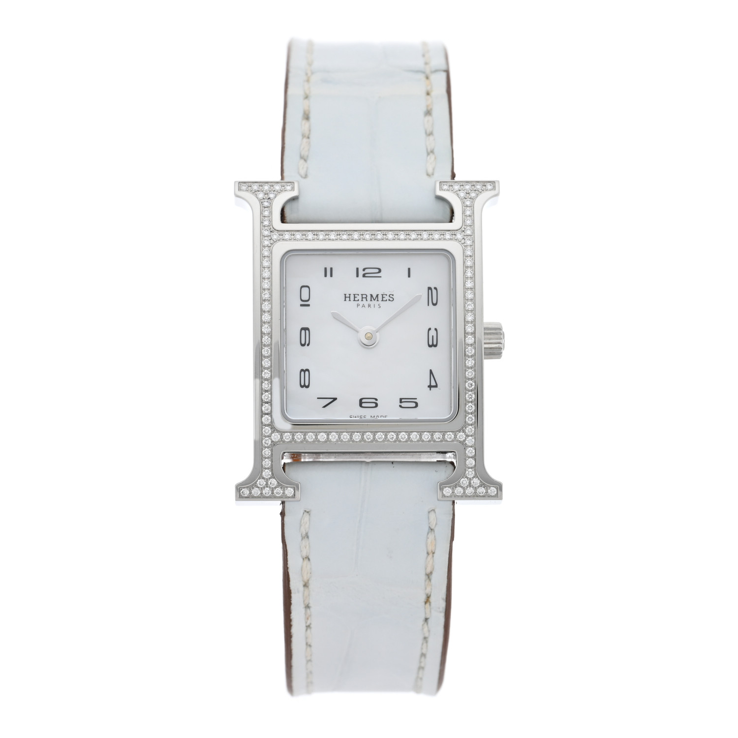 HERMES 腕時計 Hウォッチ 21×21mm ダイヤモンド アリゲーター HERMES Stainless Steel Alligator Diamond Bezel Mother of