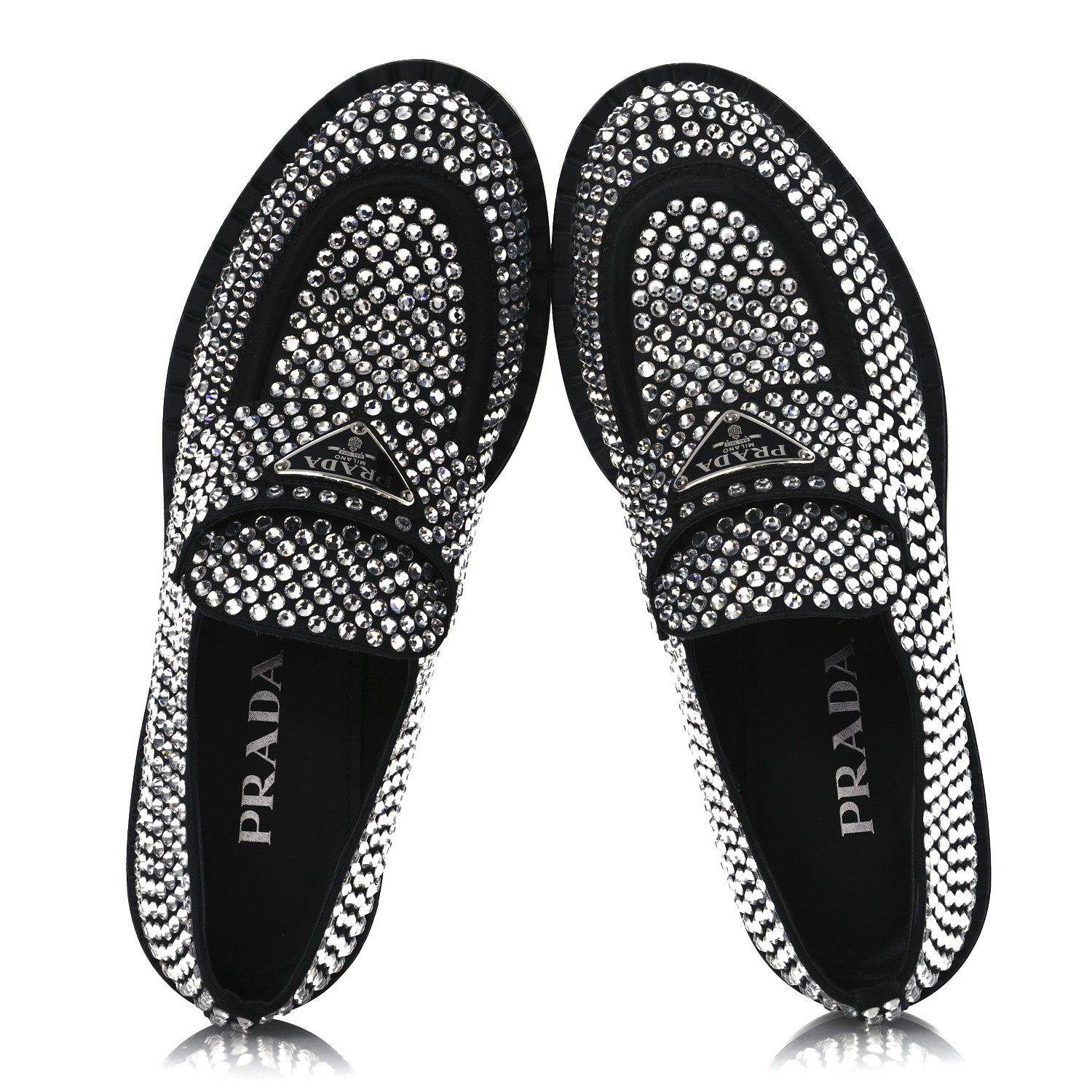 PRADA Satin Crystal Metal Triangle Logo 50mm Loafers 37.5