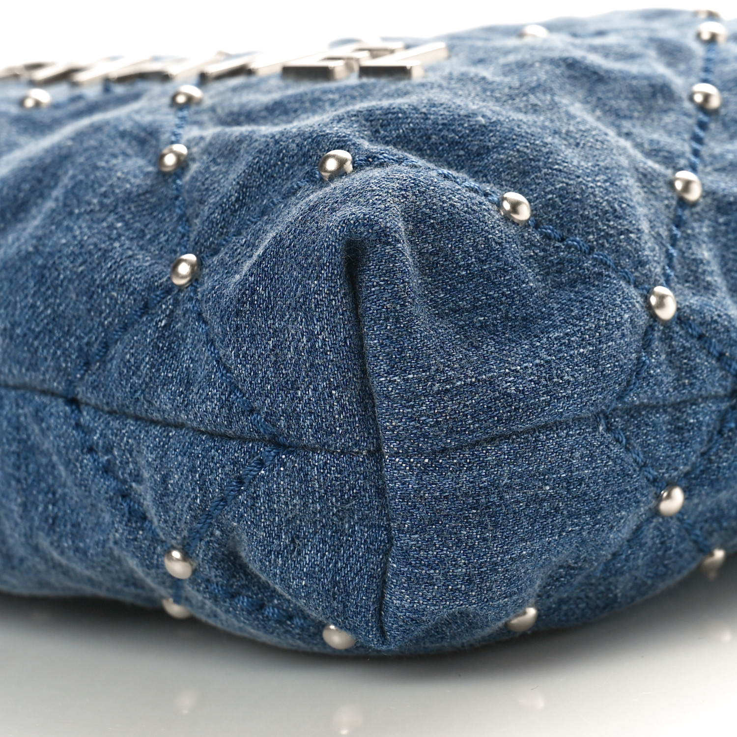 CHANEL Washed Denim Quilted Studded Mini Chanel 22 Blue