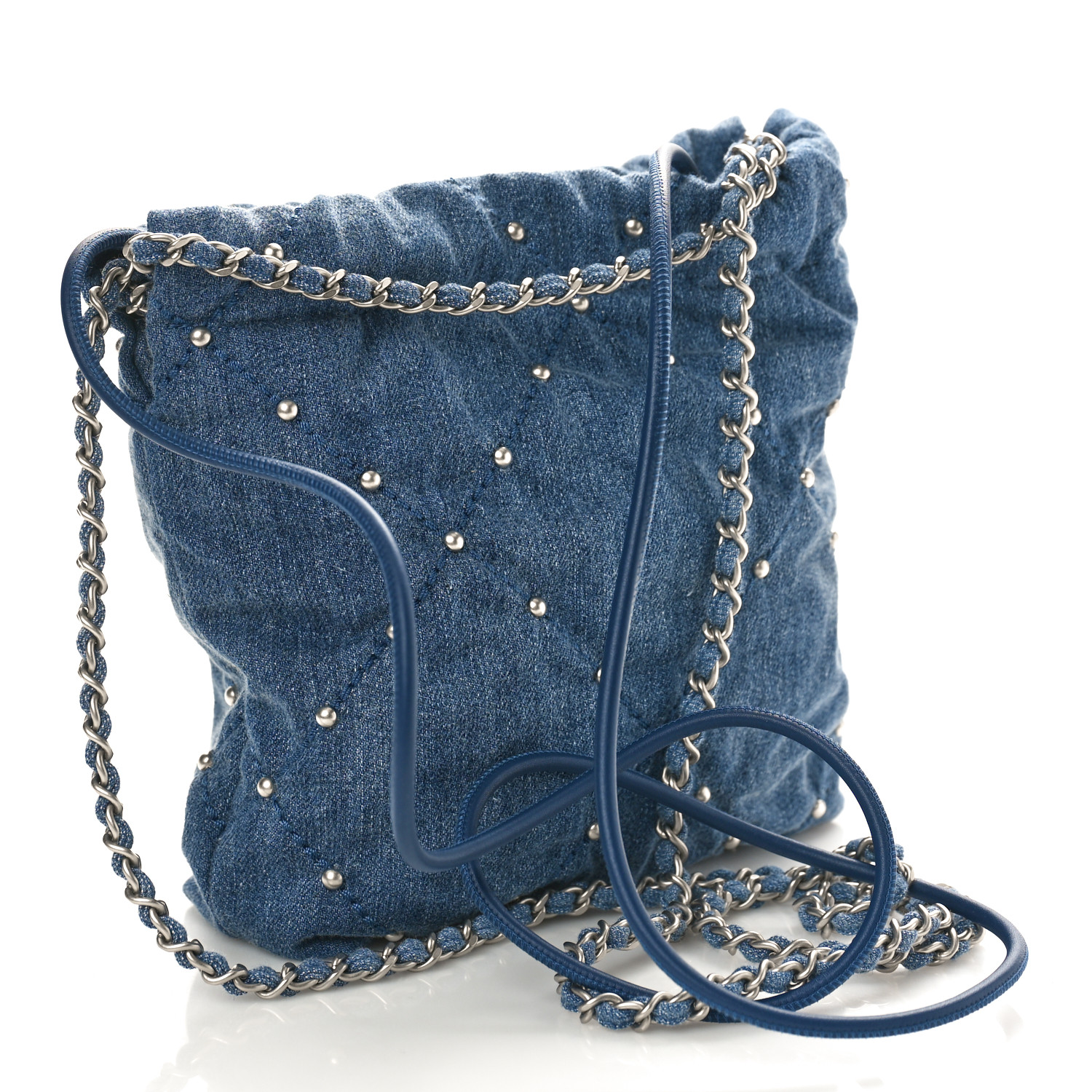 CHANEL Washed Denim Quilted Studded Mini Chanel 22 Blue