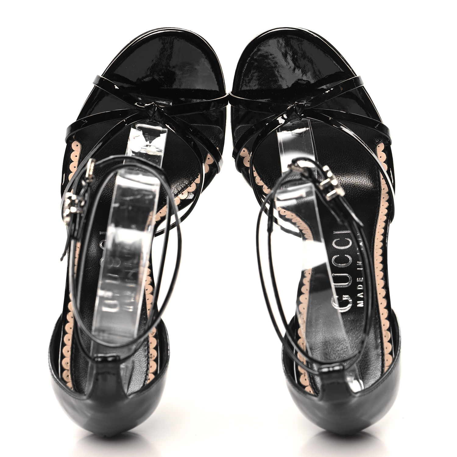 GUCCI Patent Crystal Double G Ankle Wrap Sandals 37 Black