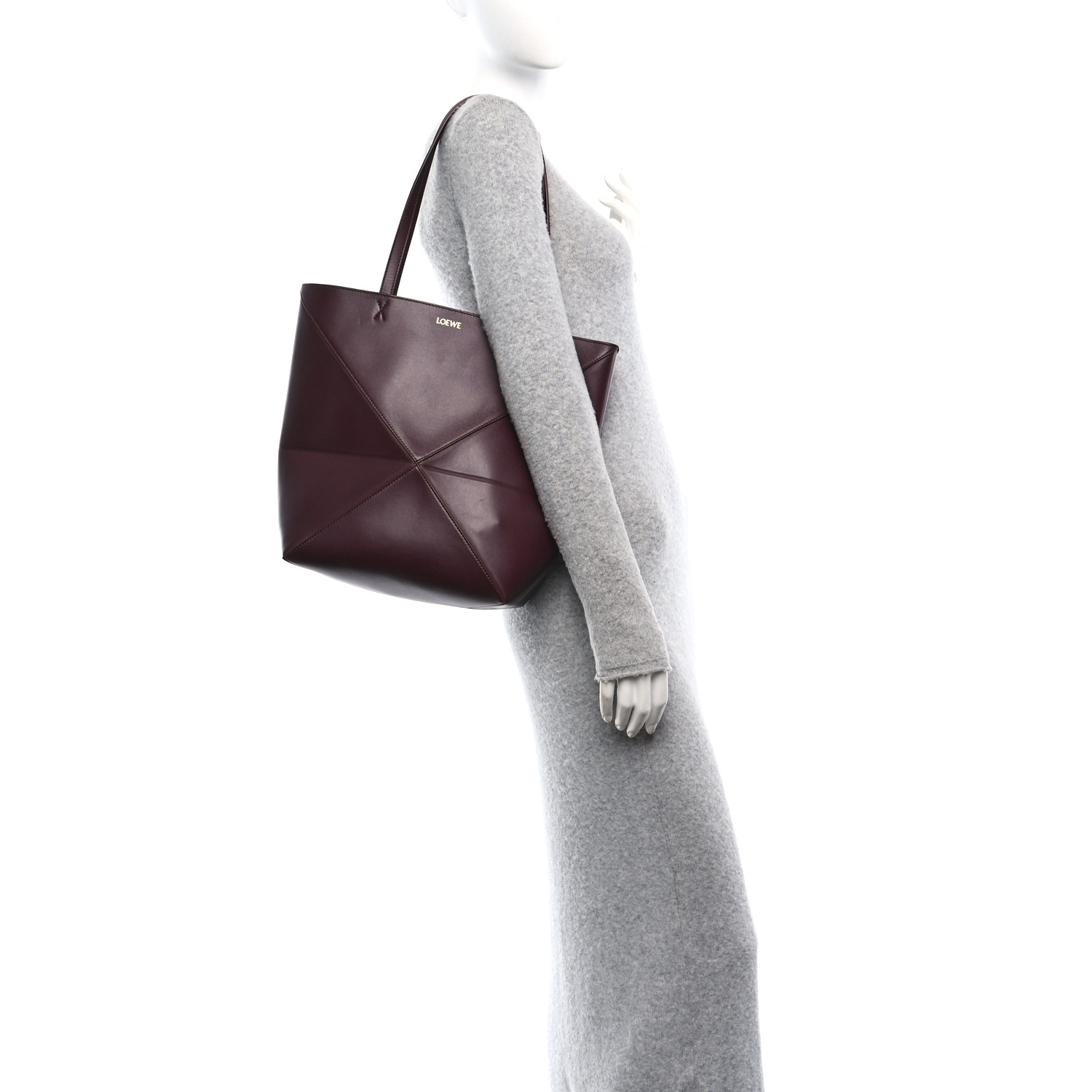 LOEWE セール★ L814465X76 LOEWE Shiny Calfskin Medium Puzzle Fold Tote Dark Burgundy