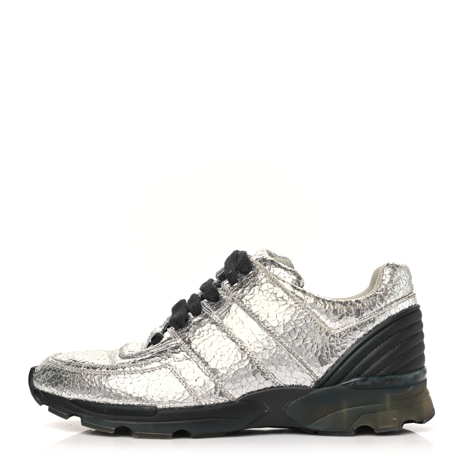 CHANEL Metallic Crackled Calfskin CC Sneakers 39.5 Silver