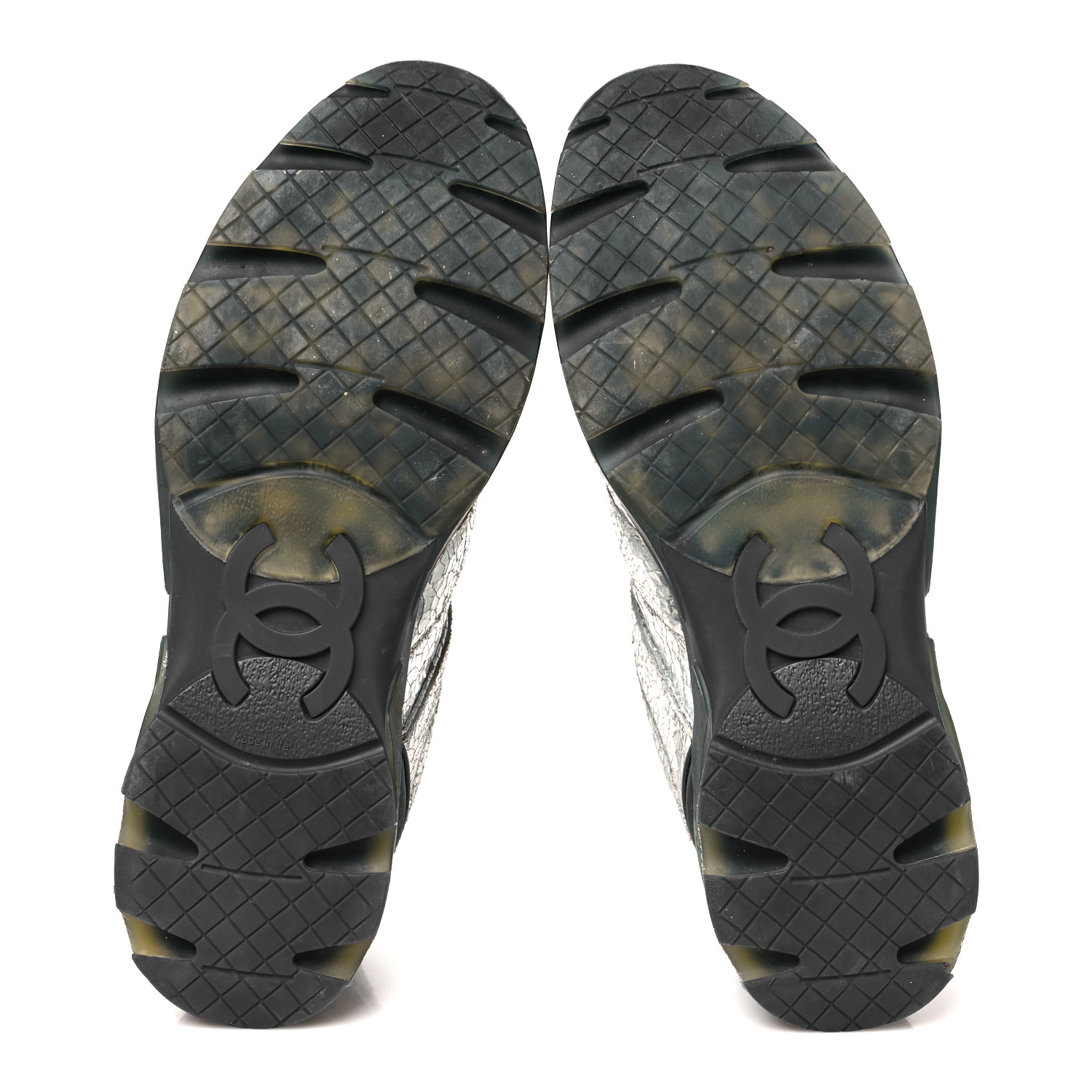 CHANEL Metallic Crackled Calfskin CC Sneakers 39.5 Silver
