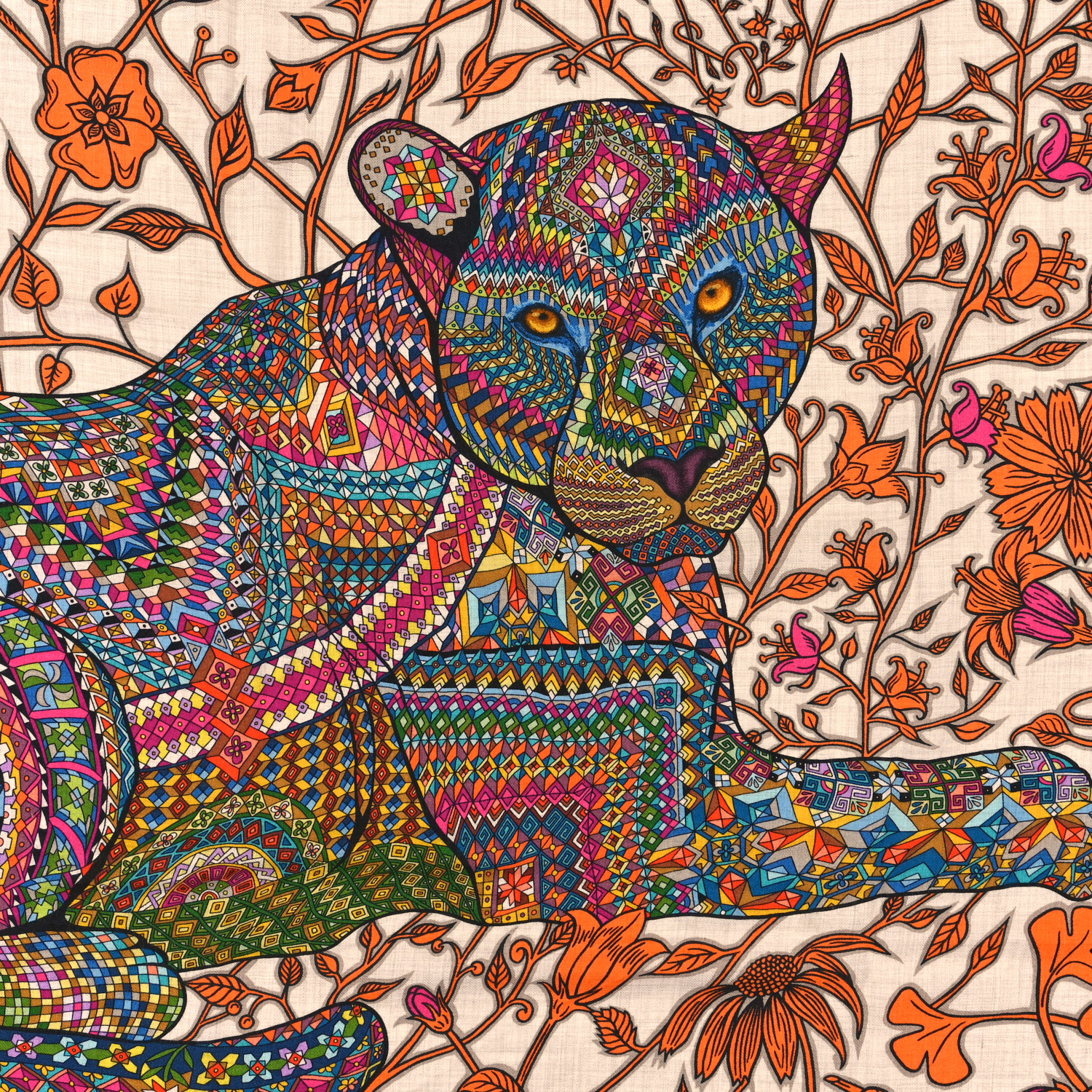 HERMES Cashmere Silk Le Jaguar Et Le Colibri Shawl 140