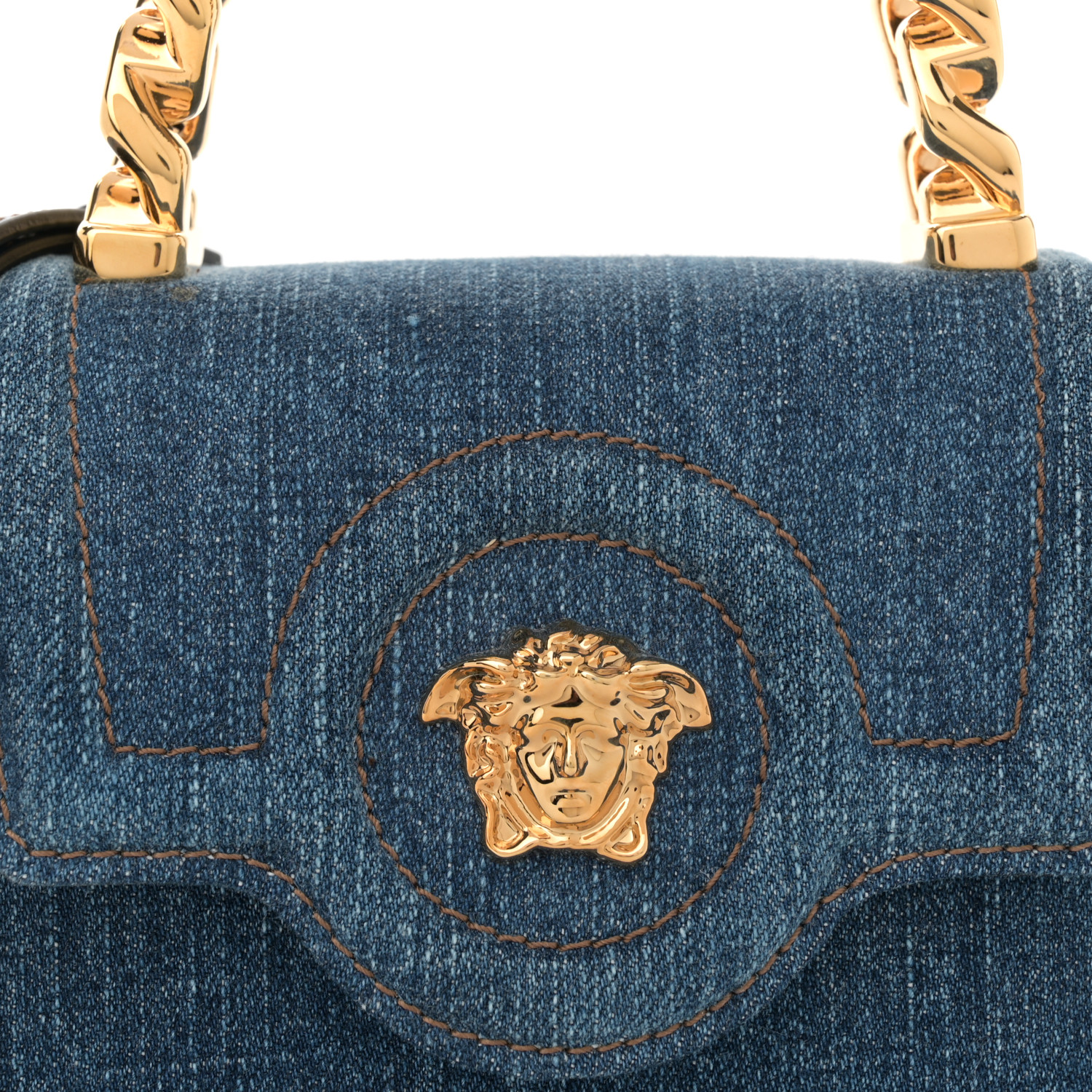 VERSACE Denim Mini La Medusa Chain Top Handle Bag Navy Blue