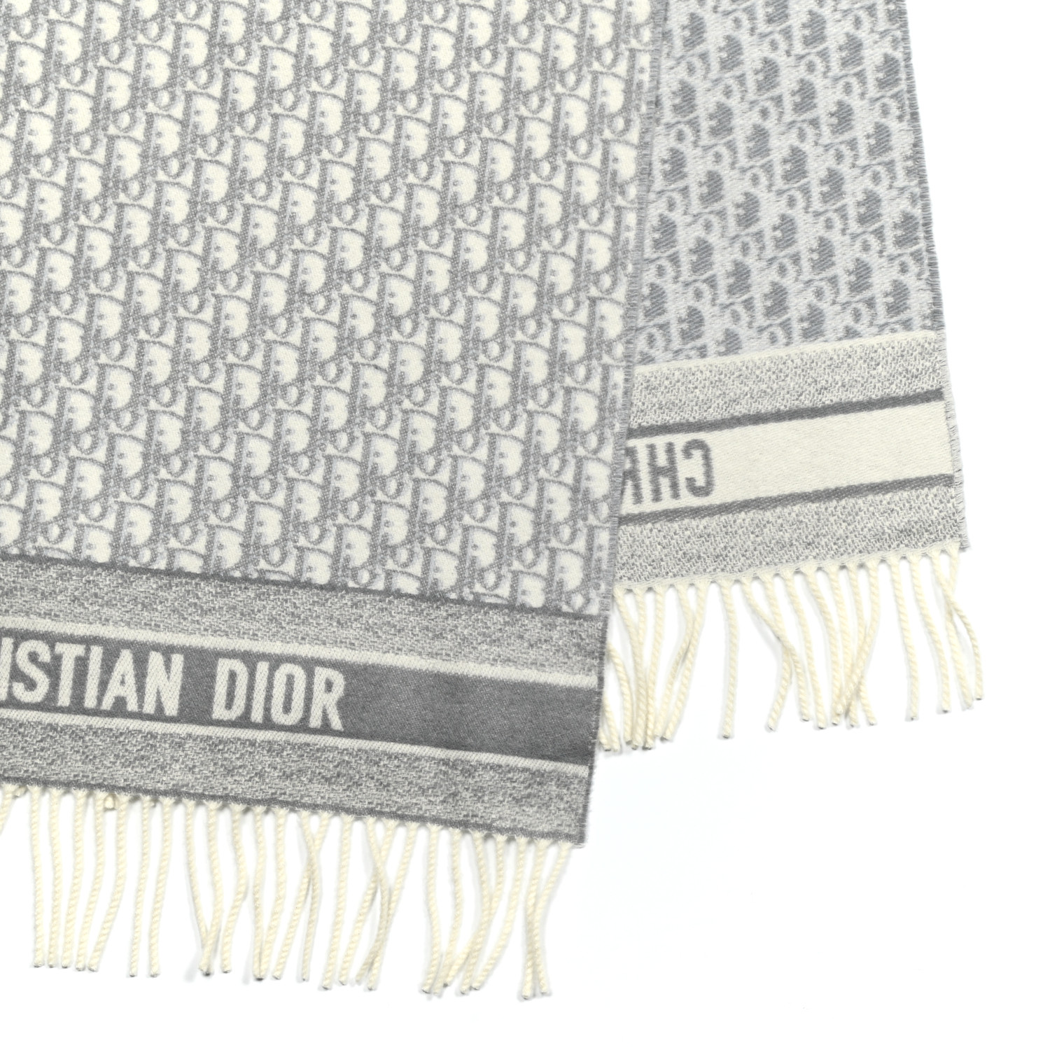 CHRISTIAN DIOR Cashmere Oblique Fringed Scarf Grey 1171349