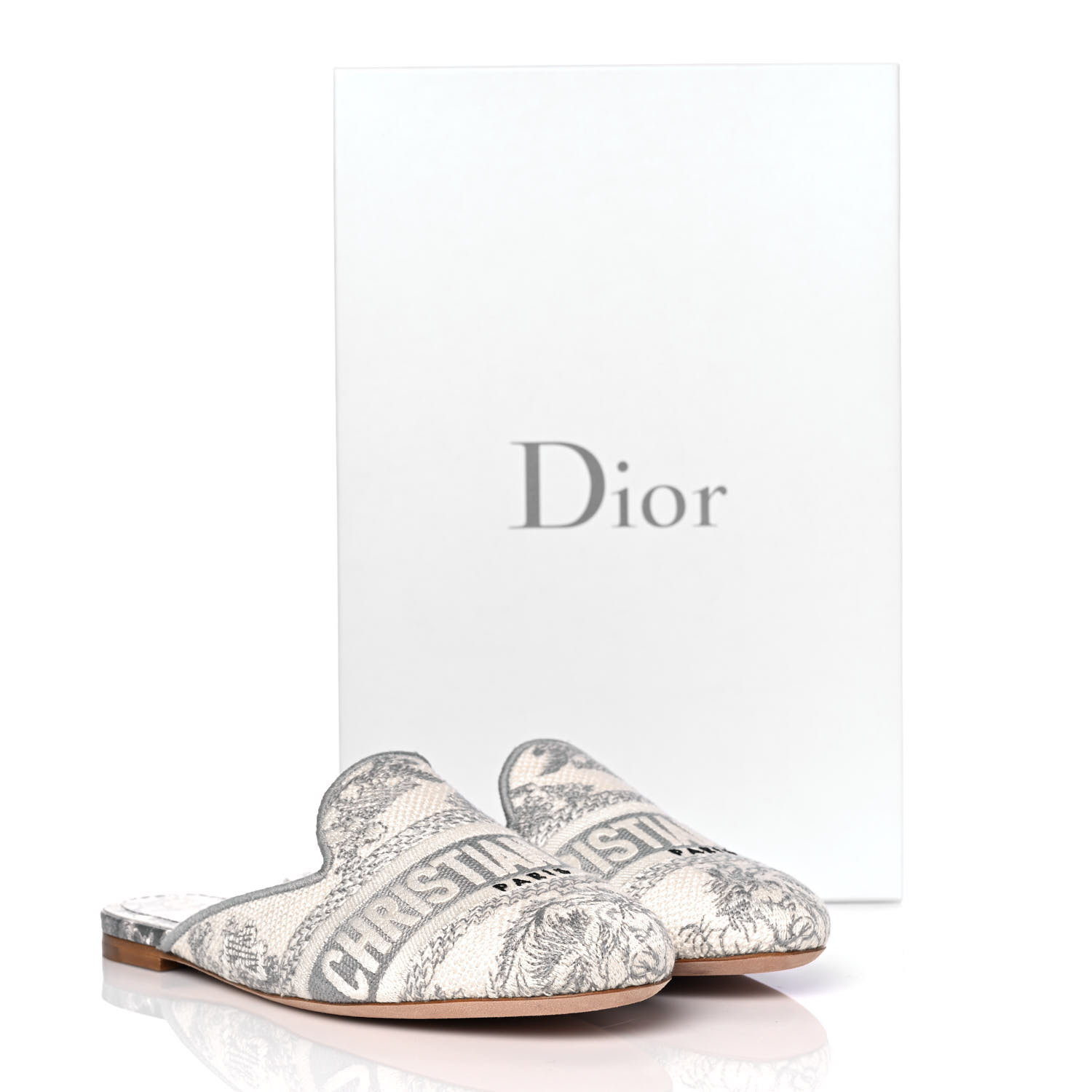 フラットシューズ Dior Toile de Jouy Motif Flat Mules in Grey Stone Dior Dior Toile de Jouy Motif Flat Mules in Grey Stone
