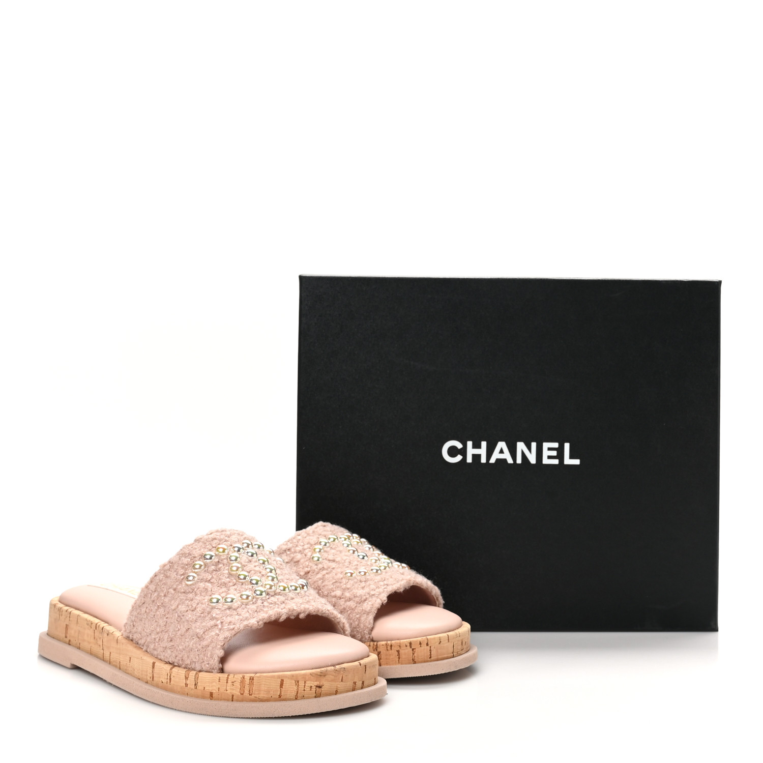 CHANEL Fabric Pearl Cork CC Slip On Sandals 39 Pink 1643759