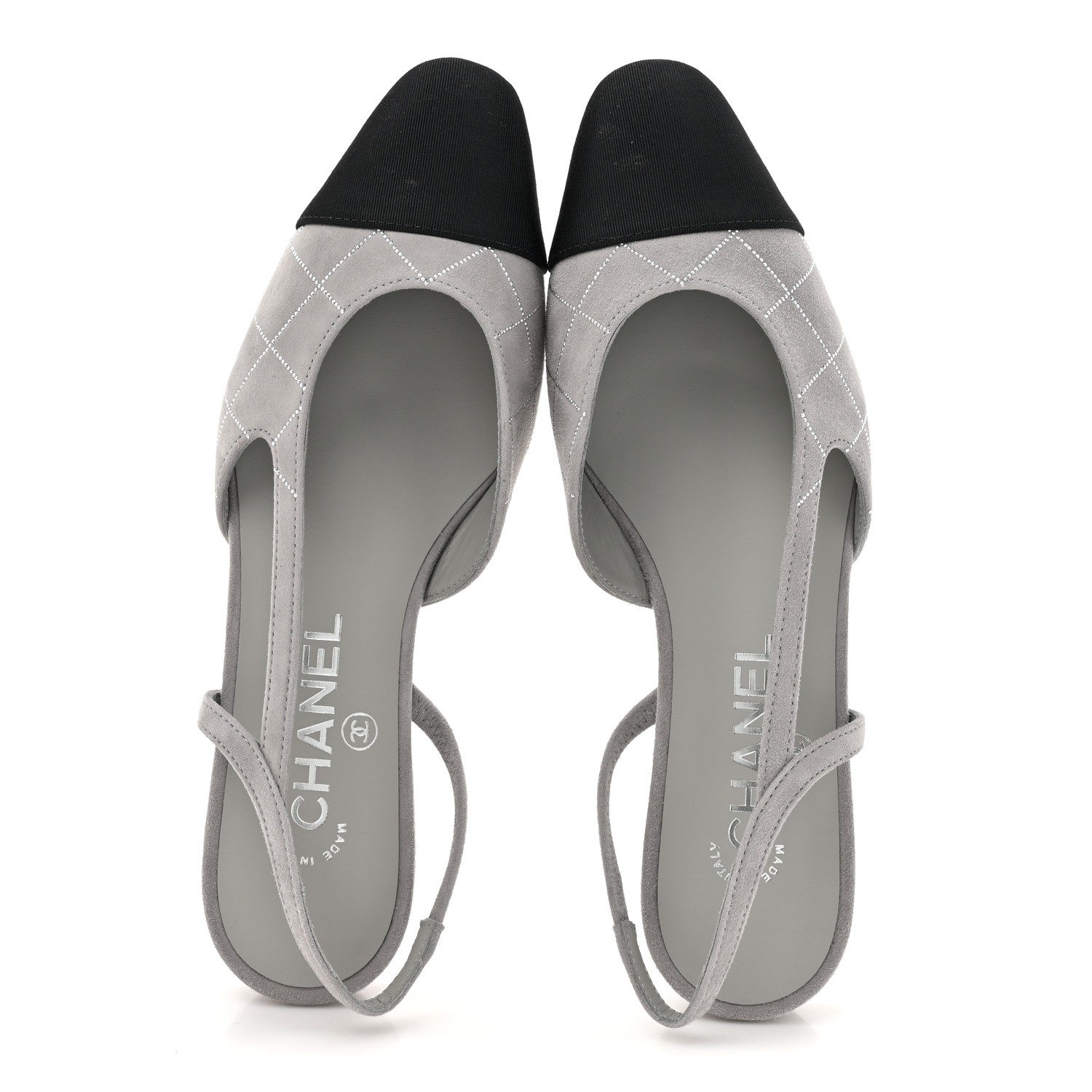 CHANEL グレー キャンバス ミュール CHANEL Suede Crystal Grosgrain Cap Toe CC Slingback Flats