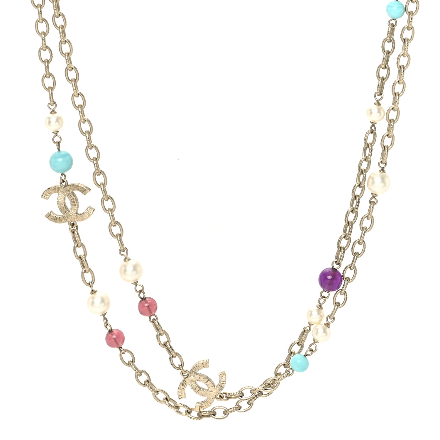 CHANEL Pearl Beaded CC Long Necklace Gold Multicolor 1637854