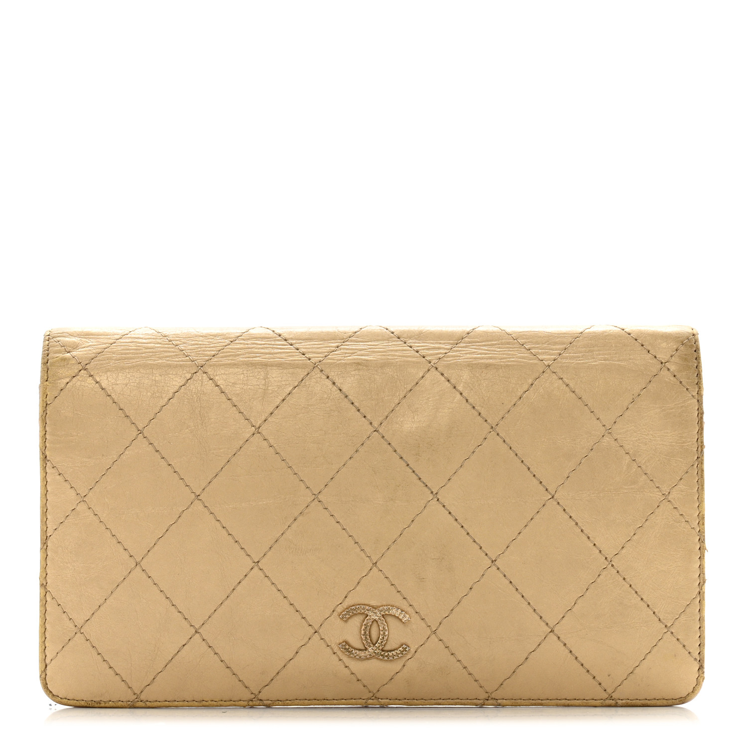 CHANEL Metallic Calfskin Quilted Yen Wallet Gold Pink