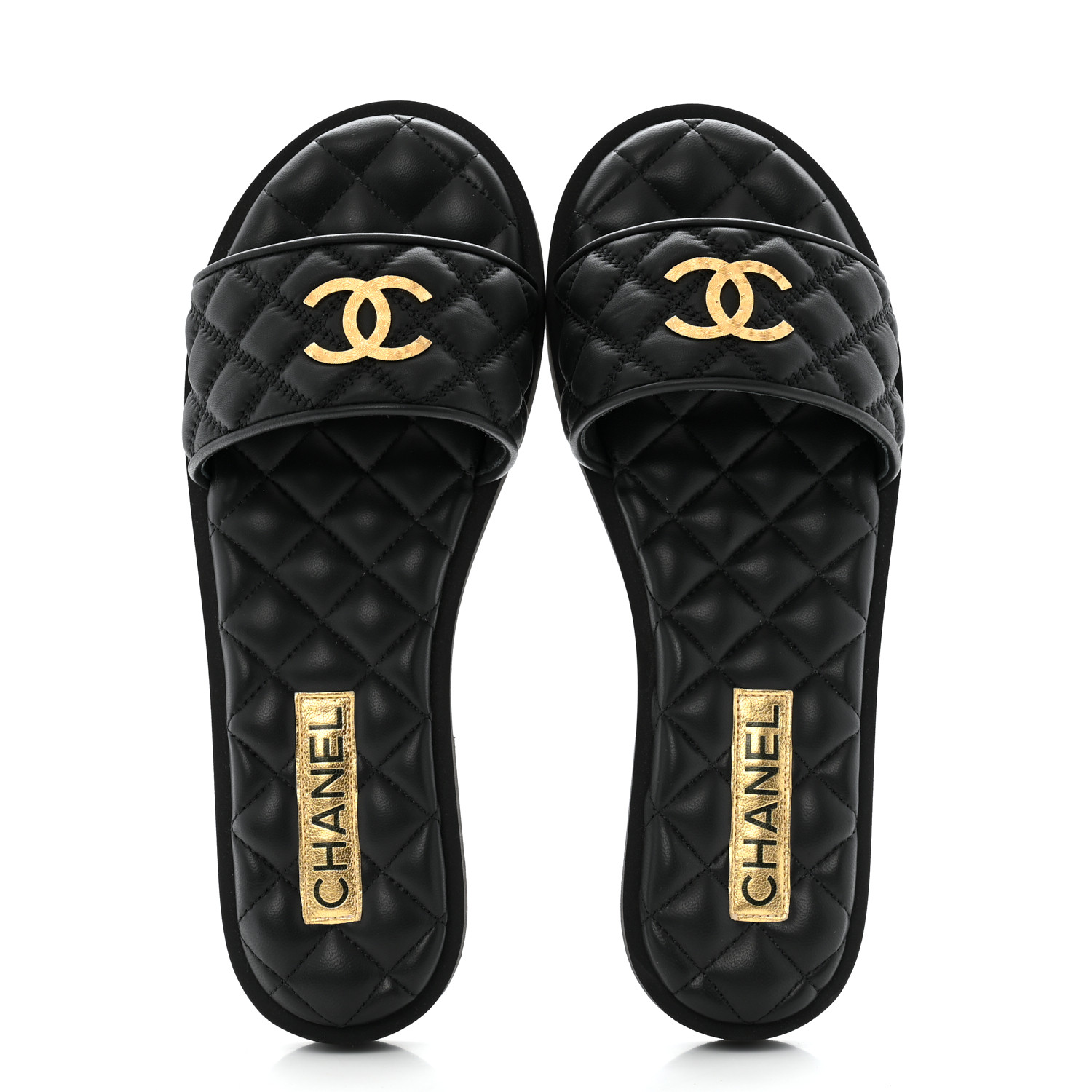CHANEL Lambskin Quilted Textured CC Mules Sandals 39 Black