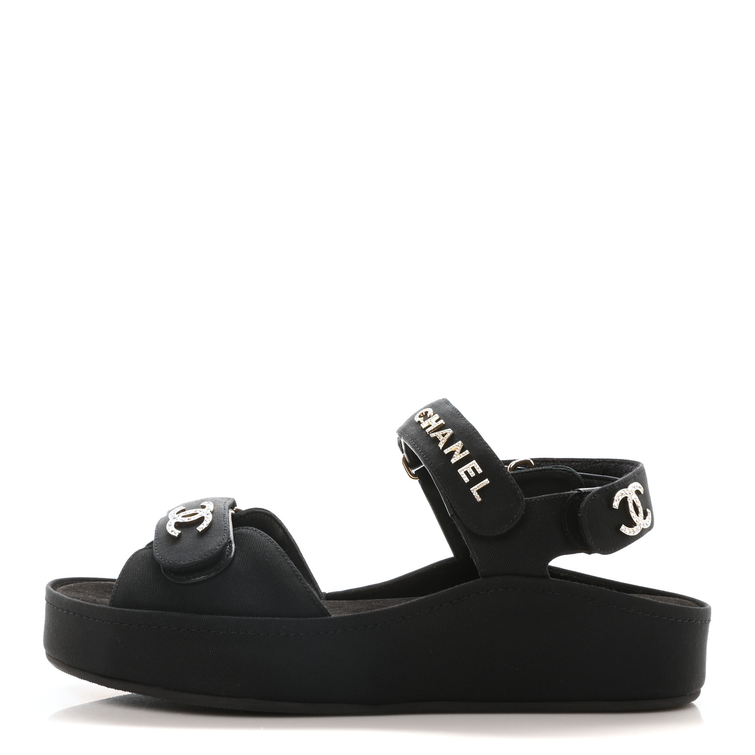 CHANEL Grosgrain Crystal Logo Platform Sandals 40 Black