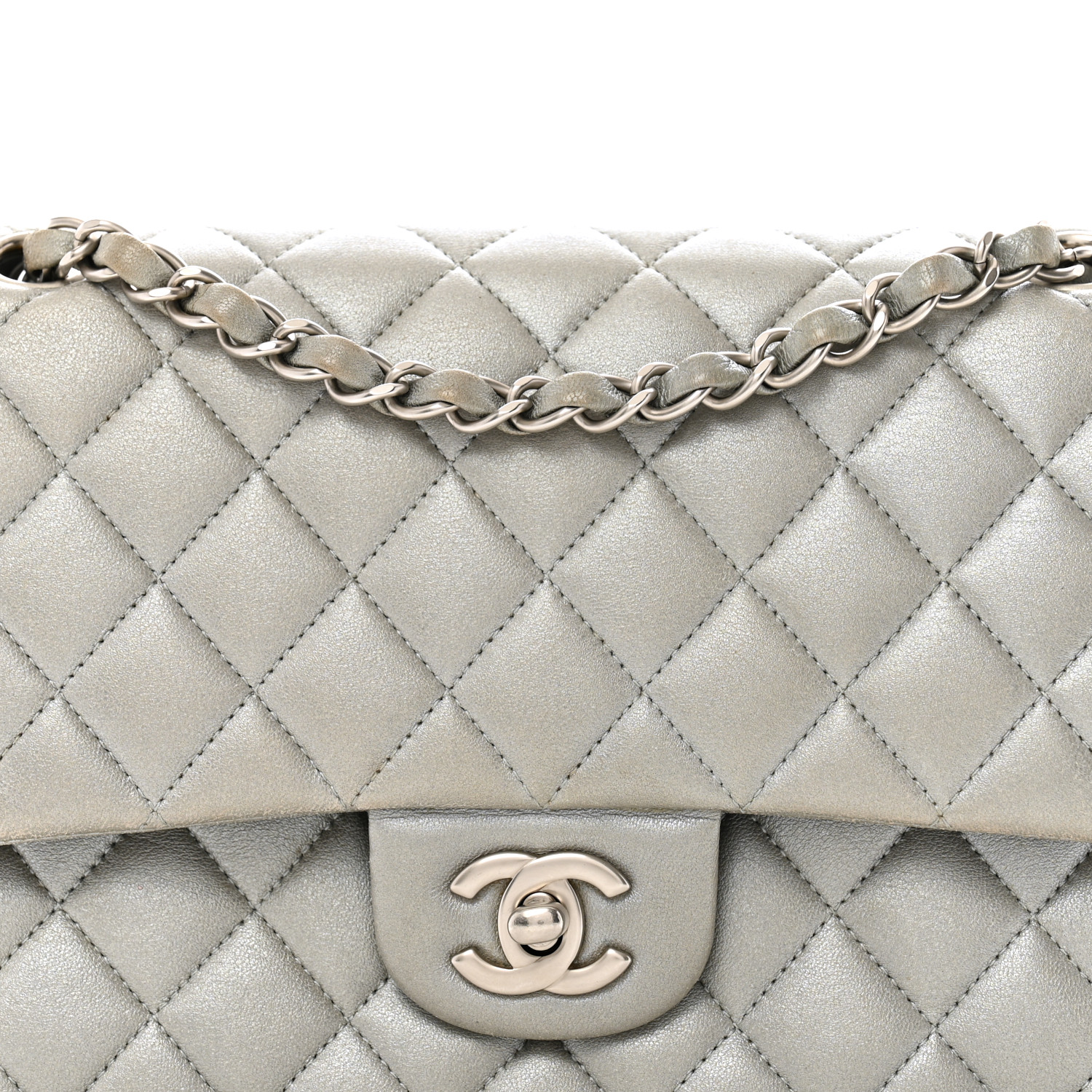 CHANEL Metallic Lambskin Quilted Medium Double Flap Silver