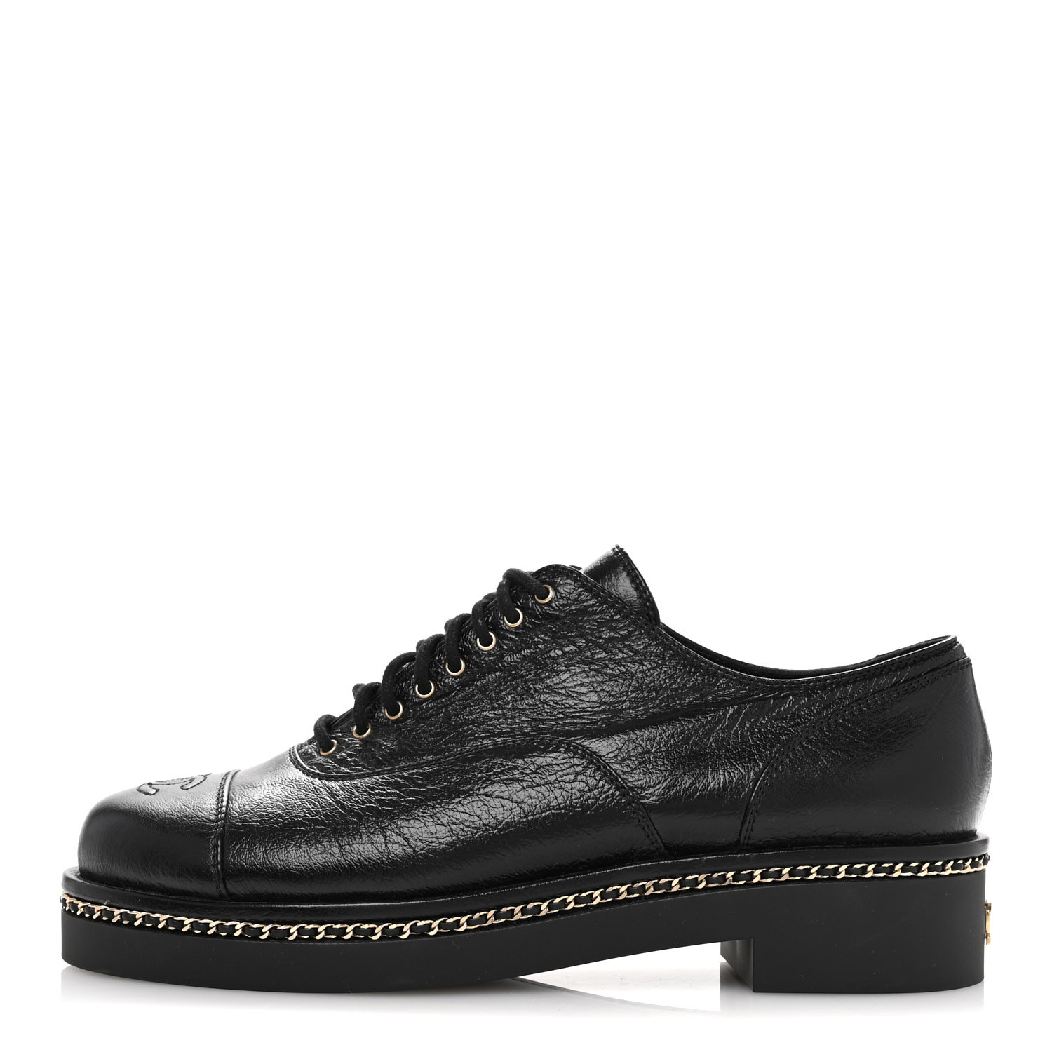 CHANEL Shiny Crumpled Lambskin CC Lace Up Oxfords 41 Black