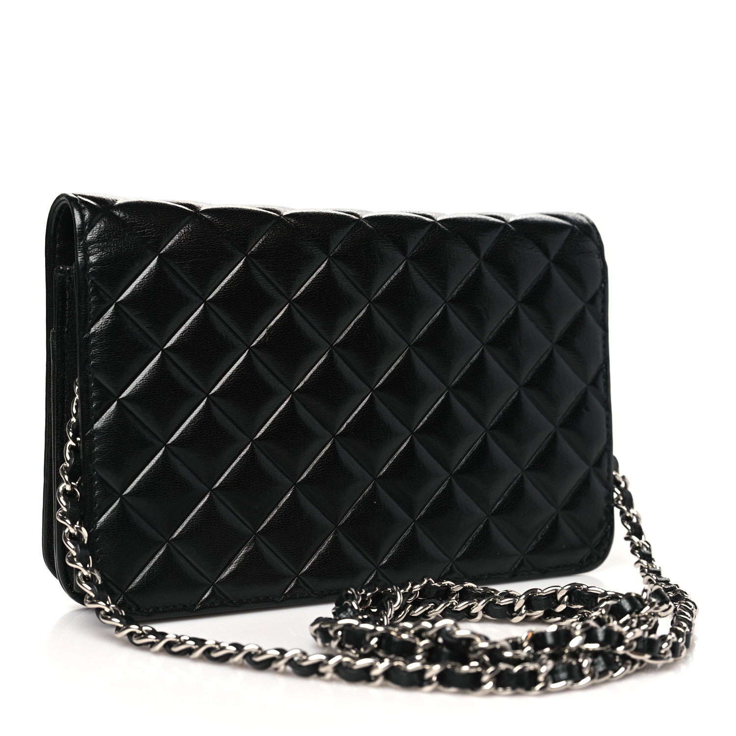 CHANEL Goatskin Quilted Diamond CC Wallet On Chain WOC Black