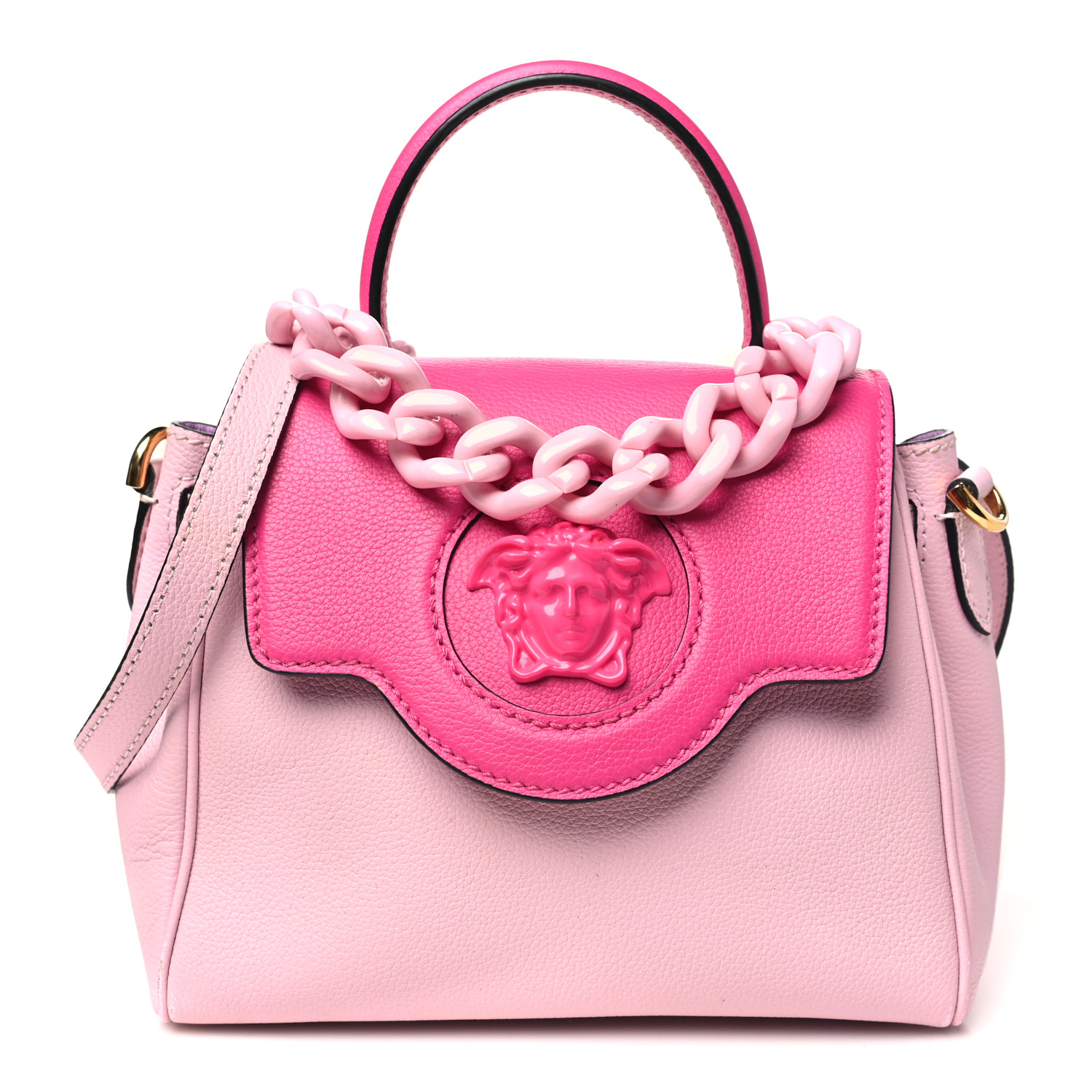 Versace★素敵！Top Handle Leather Pink Small Shoulder Bag VERSACE Calfskin Medusa Small Top Handle Handbag Fuxia Light