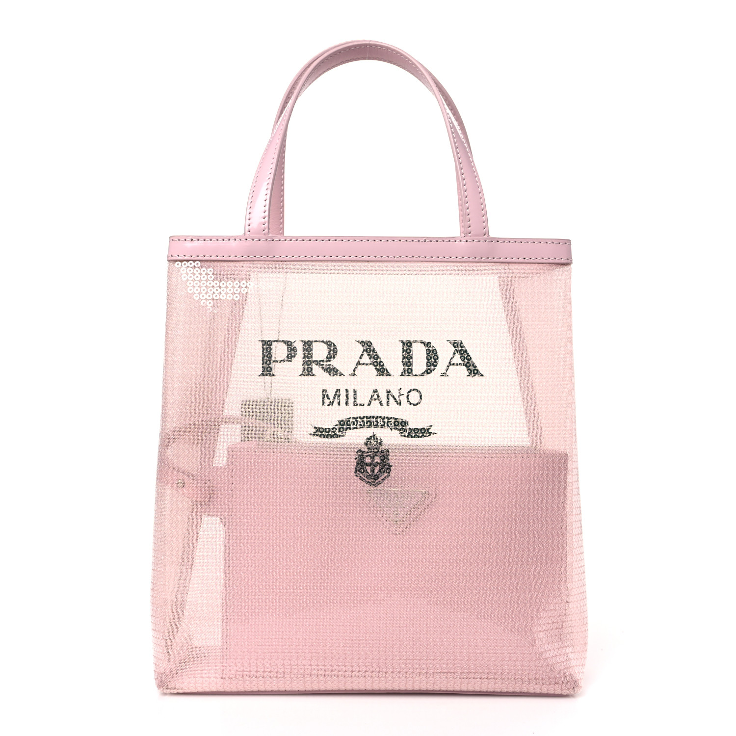 【PRADA】SMALL SEQUINED MESH TOTE BAG Prada Black Sequin Mesh And Leather Small Tote Bag