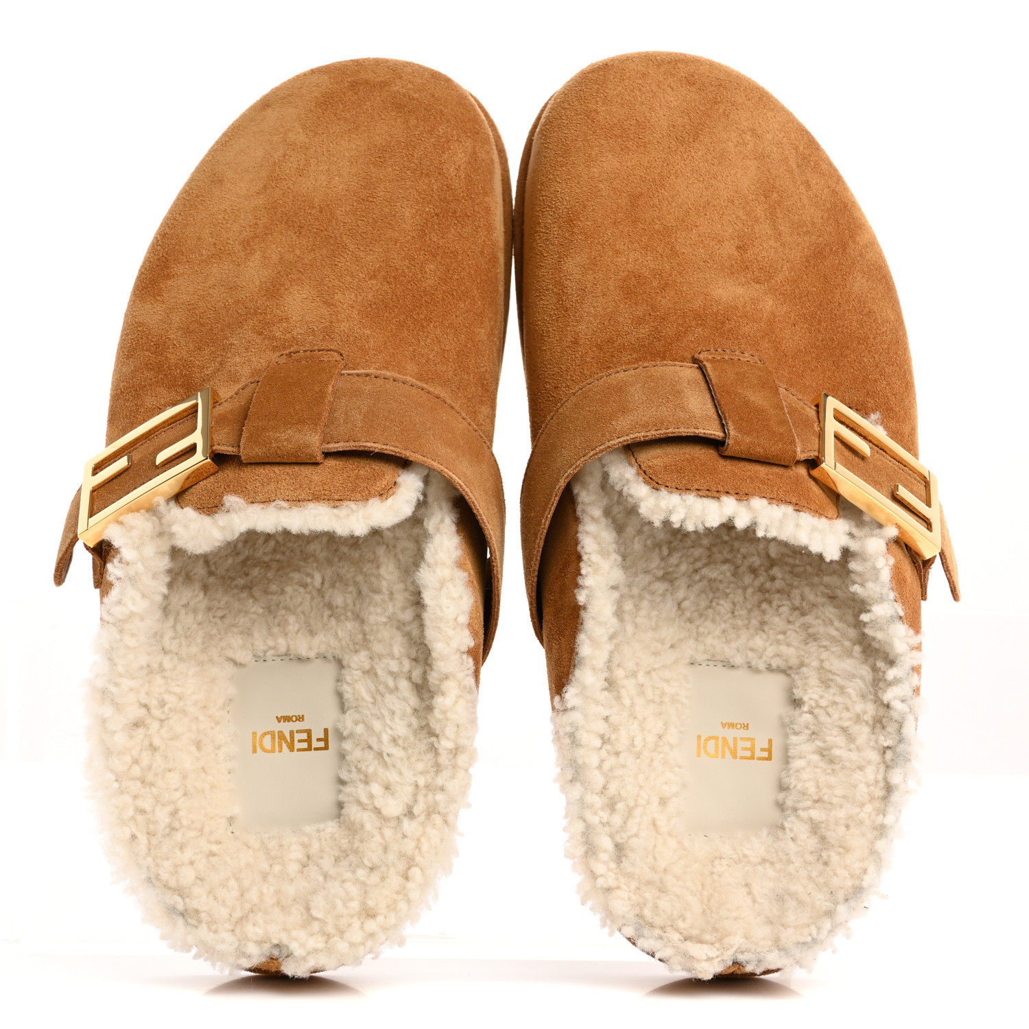FENDI Suede Shearling Fendi Feel Buckled Clogs 38 Caramel
