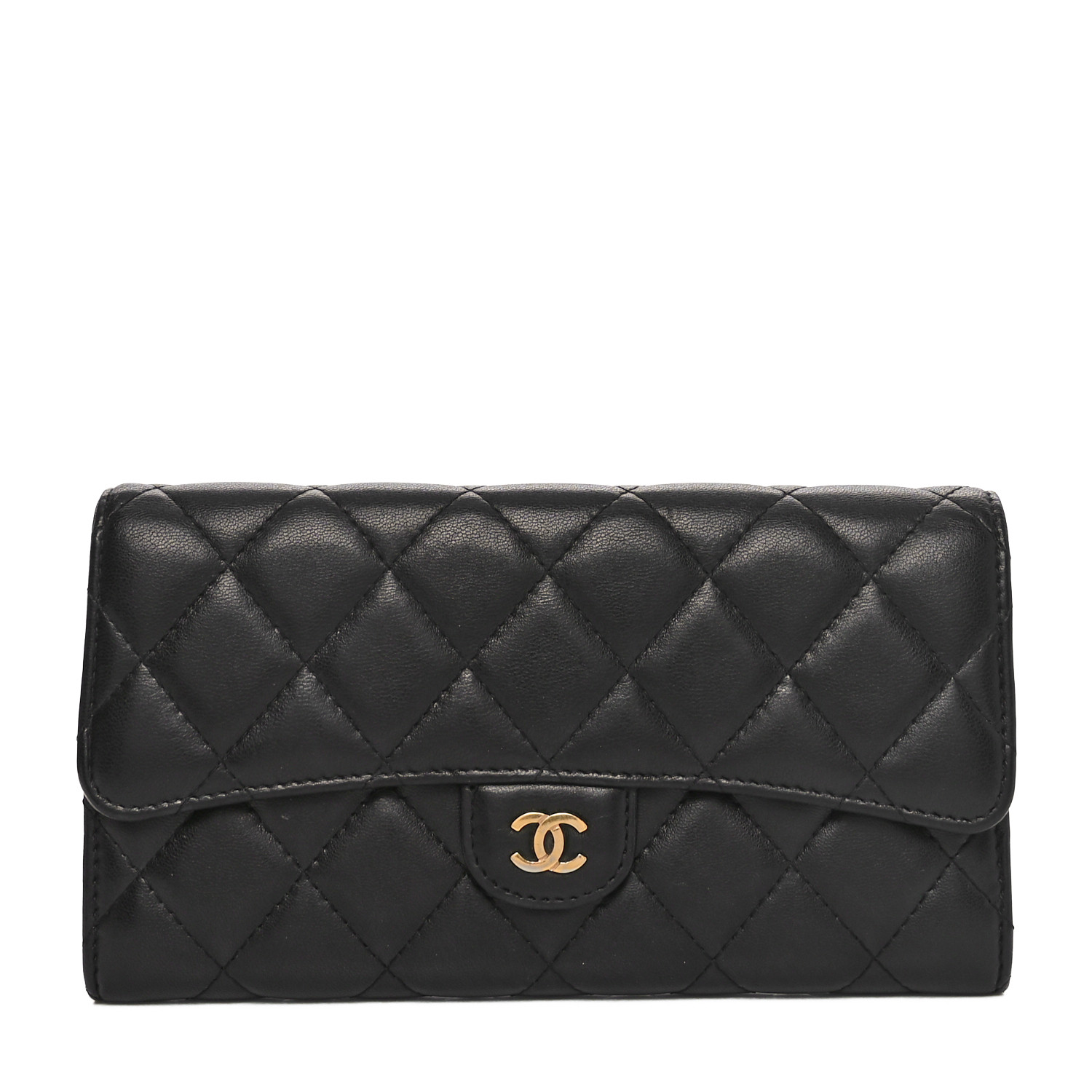 CHANEL L-GUSSET FLAP WALLET ブラック 100% Chanel Black Gusset Quilted Lambskin Classic Long Flap