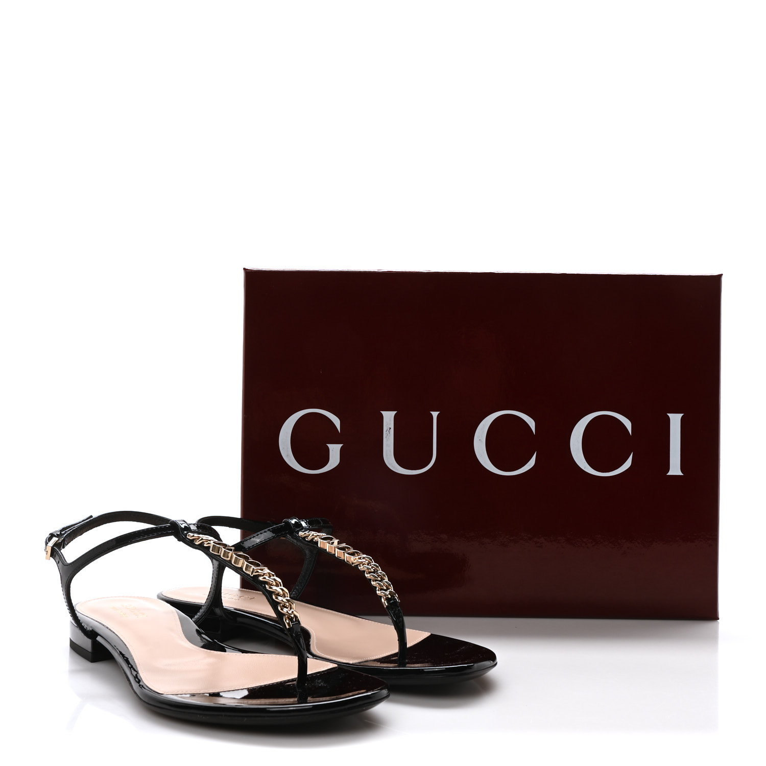 GUCCI Patent Signoria Thong Sandals 37.5 Black 1687379