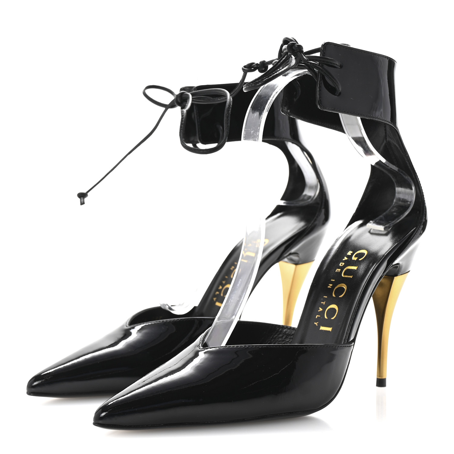 GUCCI ブラックハラコミュール GUCCI Vitello Vernice Soft Nappa Priscilla Ankle Cuff Pumps