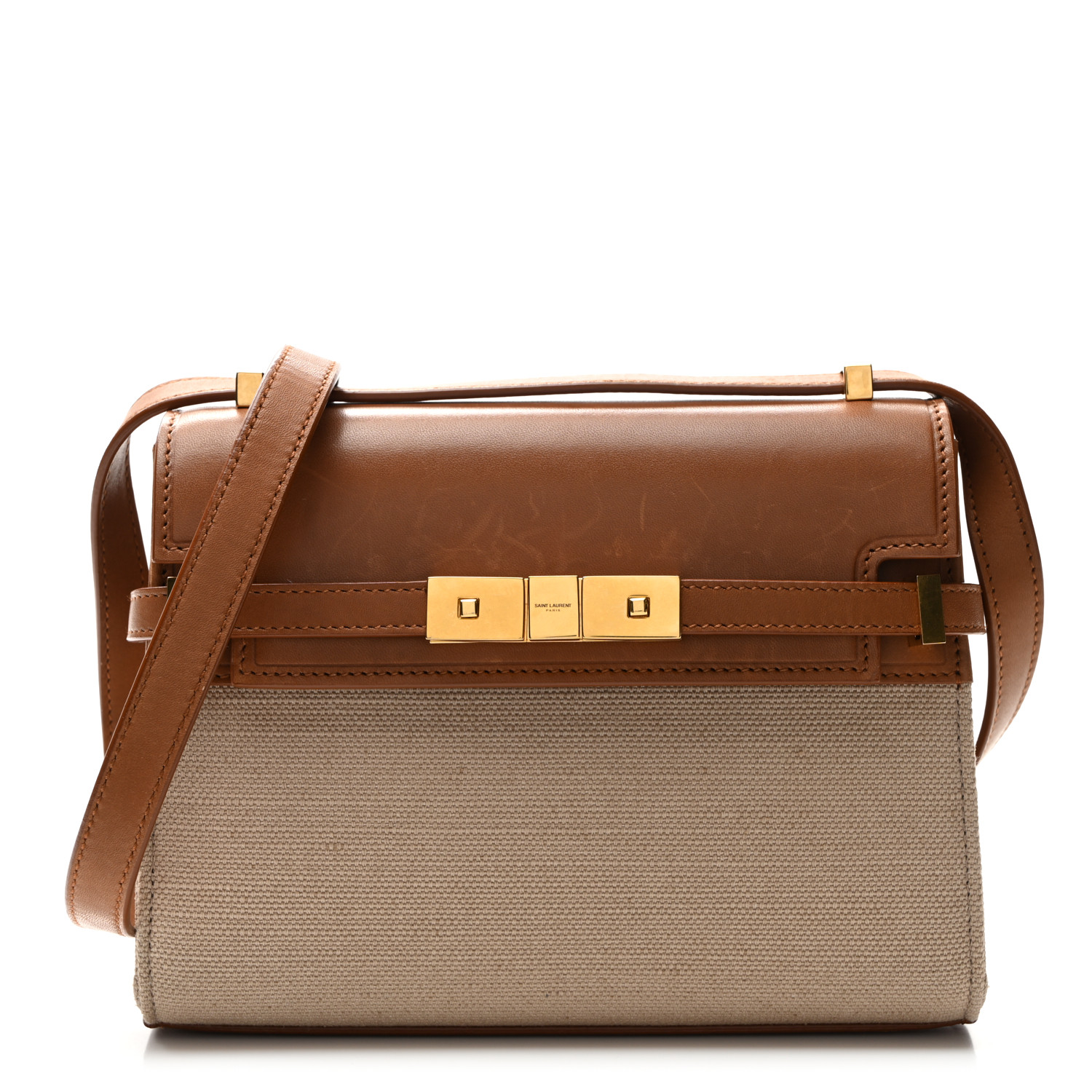 SAINT LAURENT Canvas Calfskin Mini Manhattan Shoulder Bag