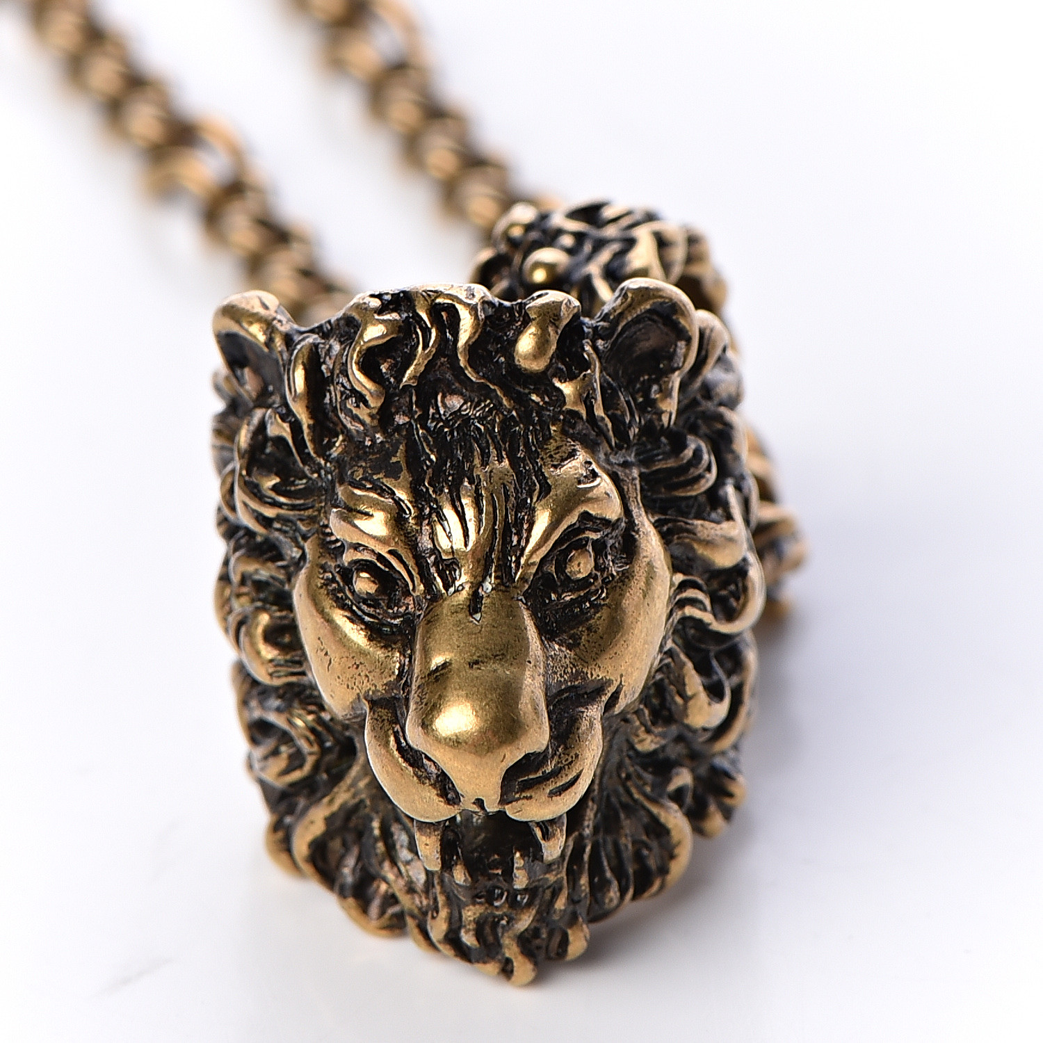 GUCCI Metal Lion Head Ring Necklace Aged Gold 489152