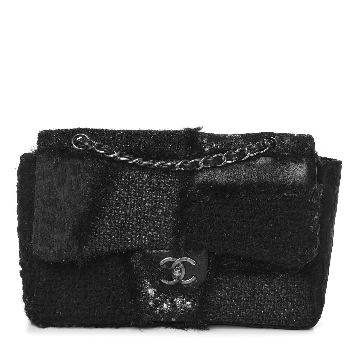 CHANEL Tweed Faux Fur Patchwork Jumbo Single Flap Black 401772