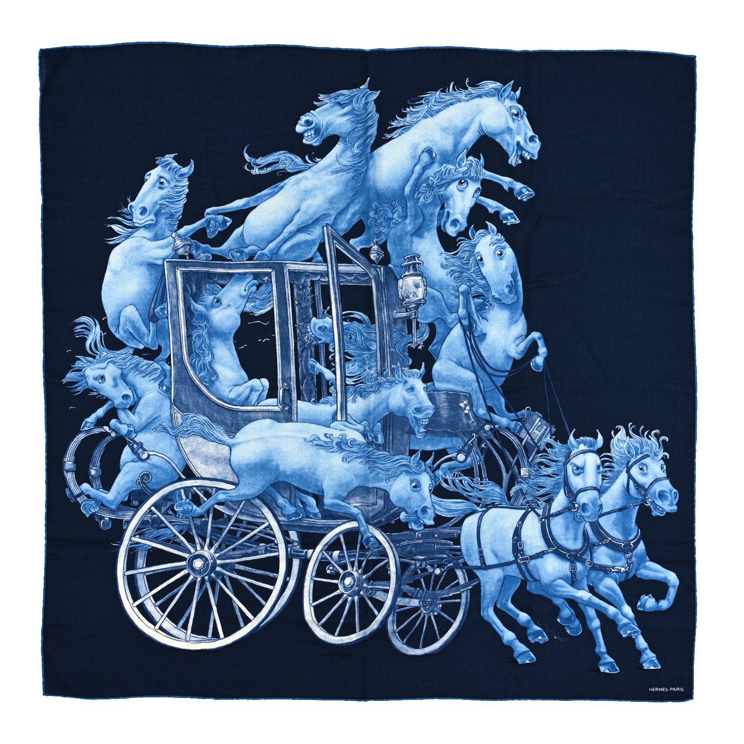 HERMES Cashmere Silk Grand Carrosse Royal Scarf 100 Marine