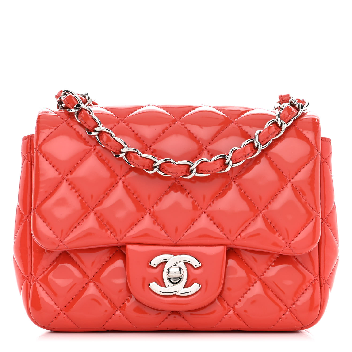 CHANEL Patent Calfskin Quilted Mini Rectangular Flap Red 226915