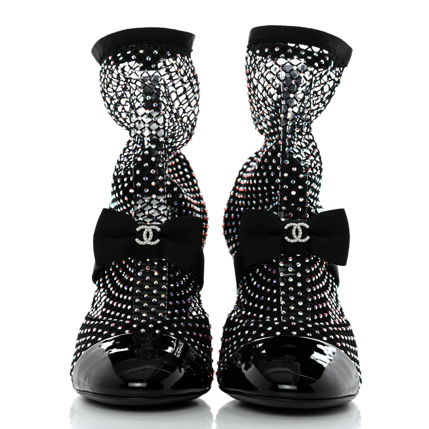 [CHANEL]★Mary Jane Short Boots メッシュ クリスタル★36.5 Chanel 23S Black Mesh Crystal Sock Boot CC Logo Mary Jane