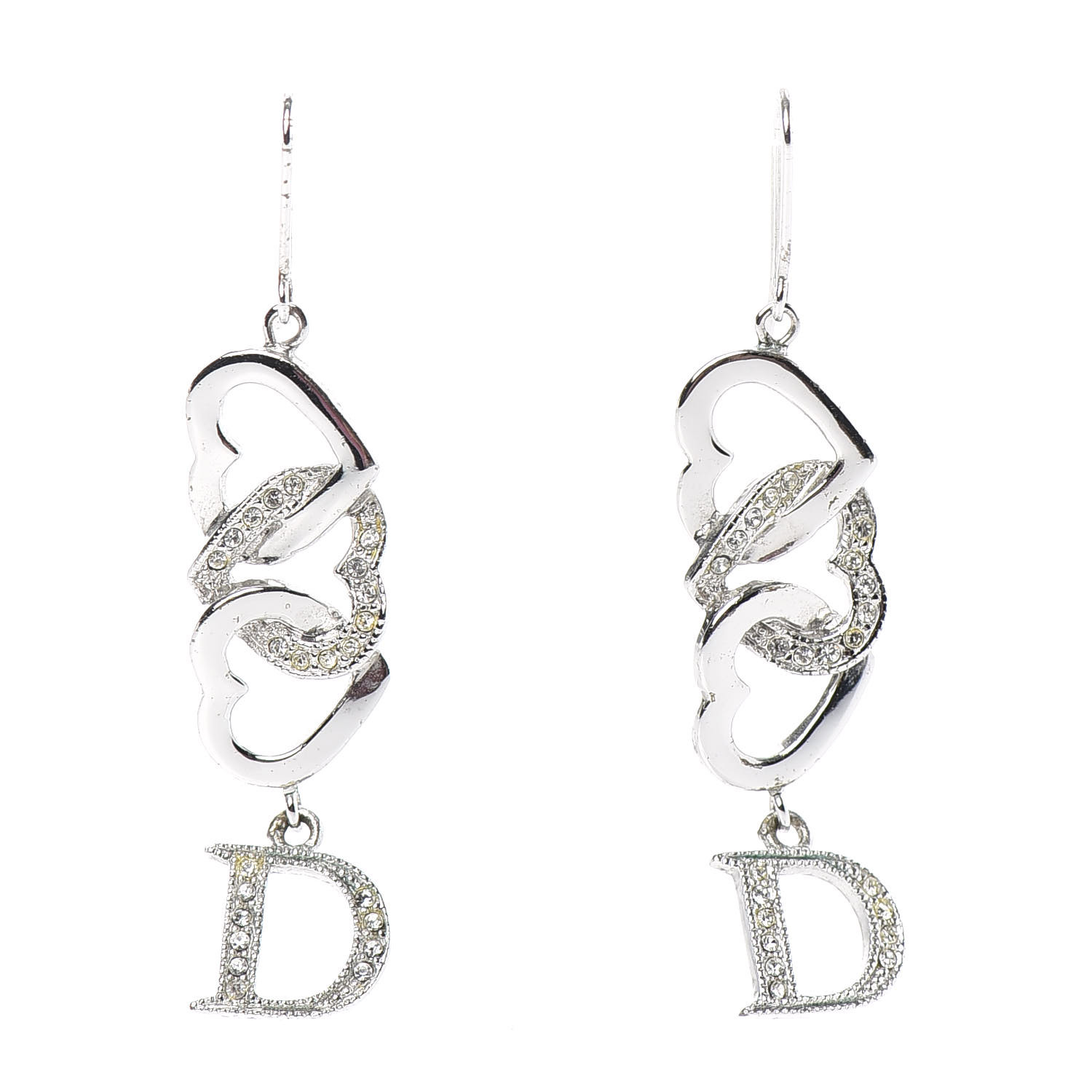 アクセサリー ChristianDior Silver HeartMotif Earrings CHRISTIAN DIOR Crystal Heart Hoop Earrings Silver 745687