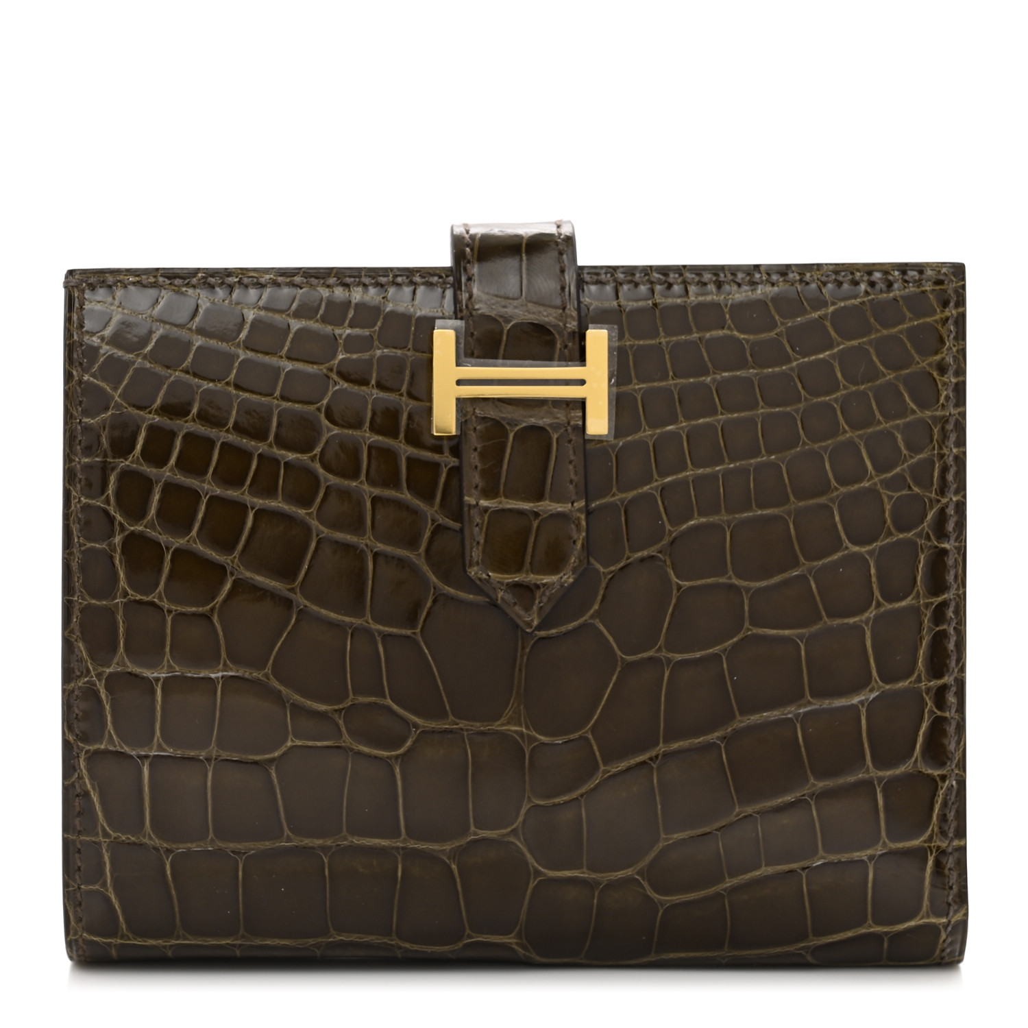 HERMES Shiny Alligator Bearn Compact Wallet Gris Elephant
