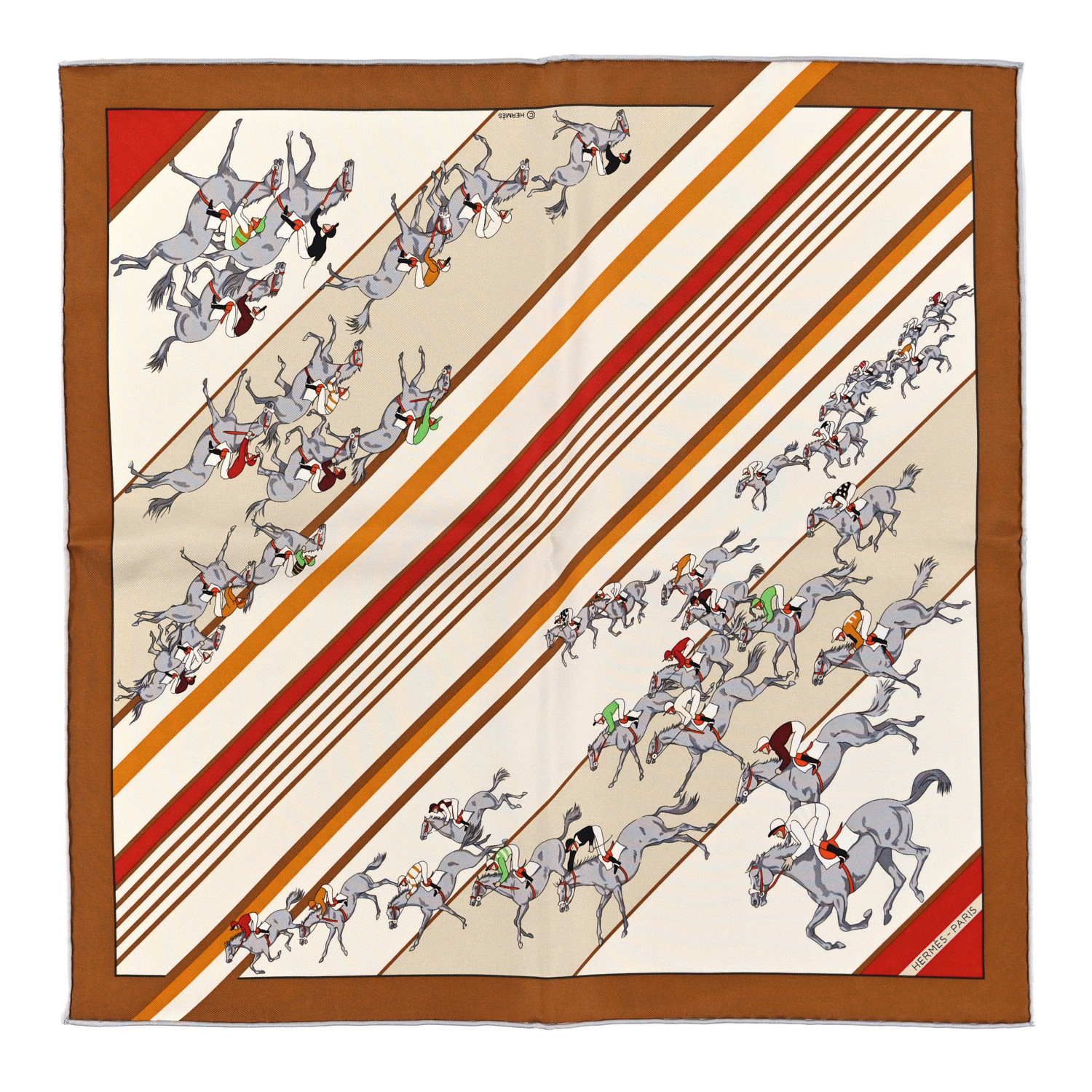 希少品◆送料込【HERMES】Les Courses Scarf45 Marine BeigeVert HERMES Silk Les Courses Scarf 45 Caramel Beige Brique