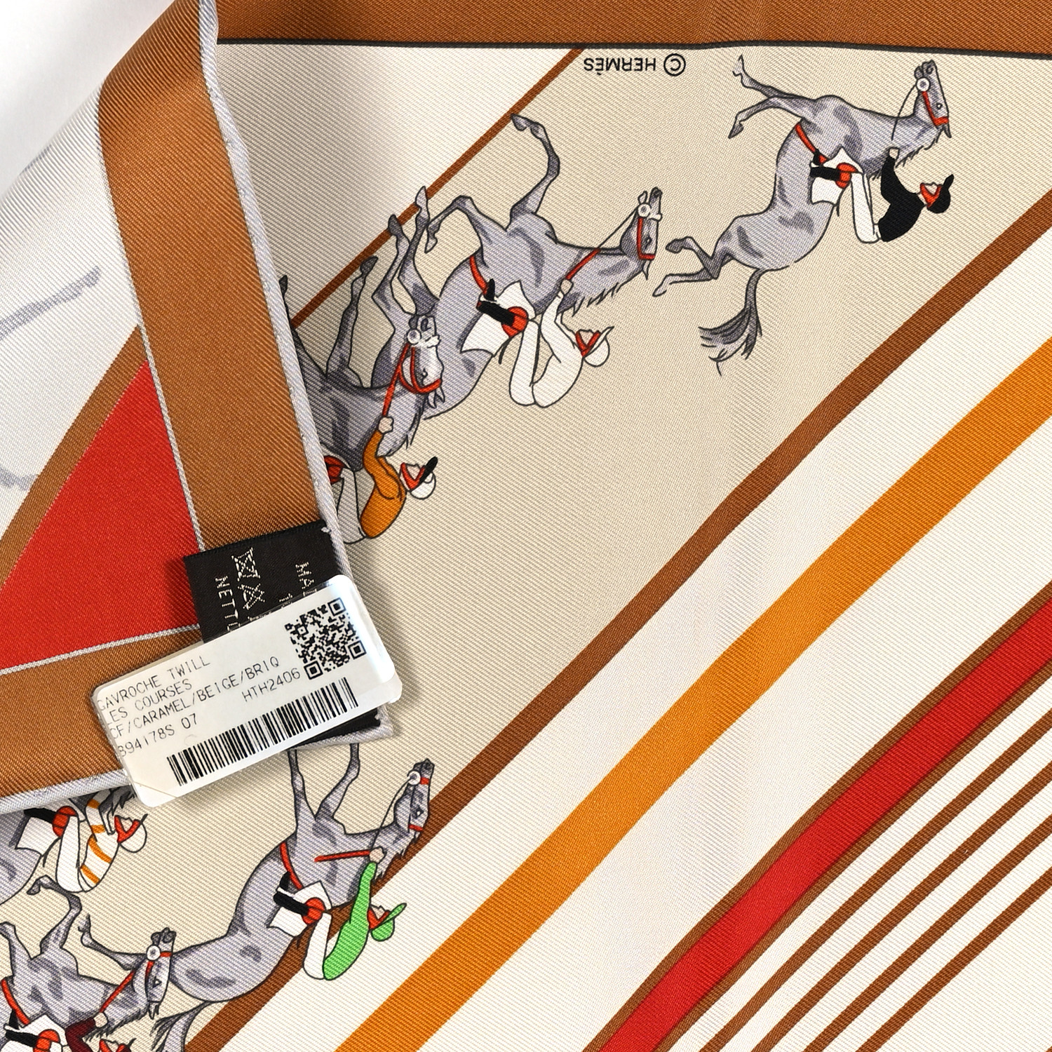 HERMES Silk Les Courses Scarf 45 Caramel Beige Brique