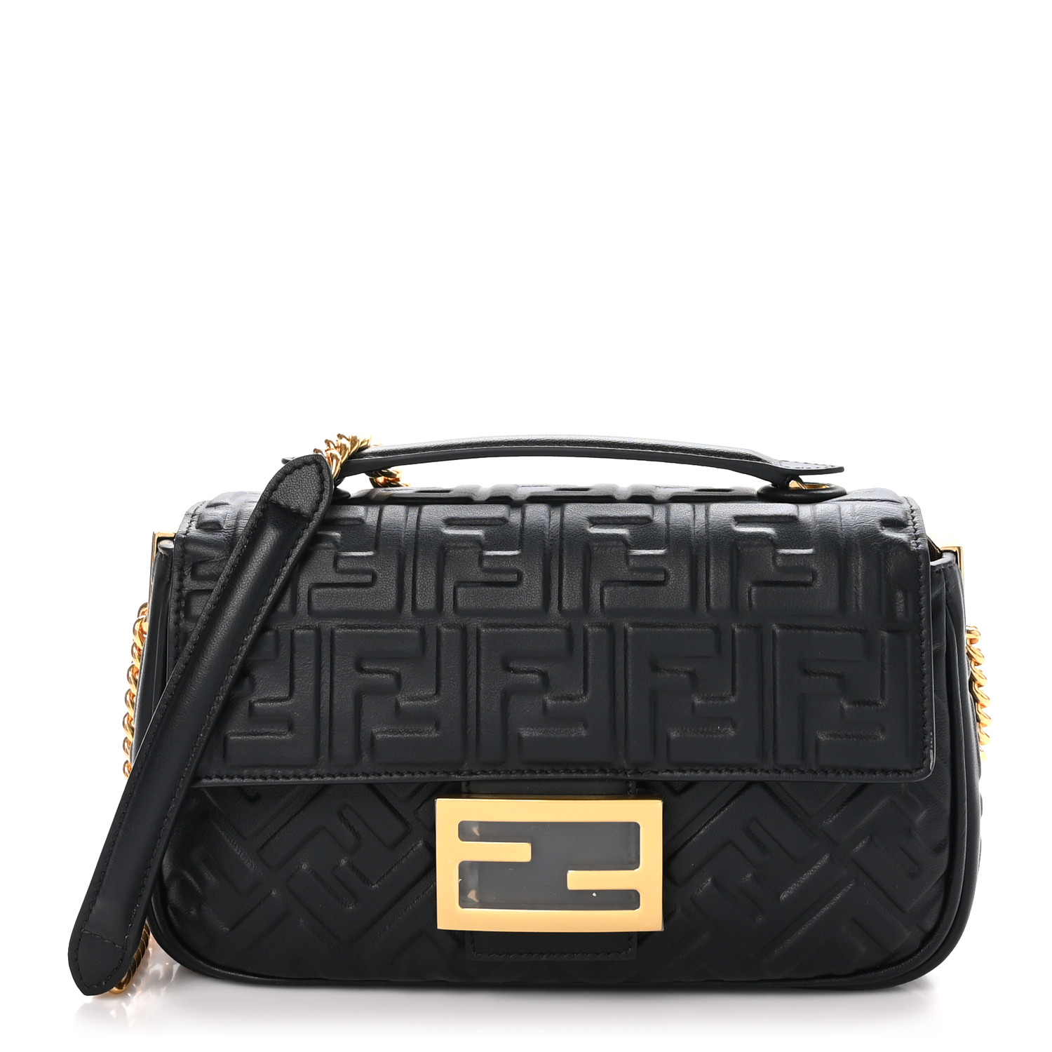 FENDI Nappa Small FF Embossed Midi Chain Baguette Black