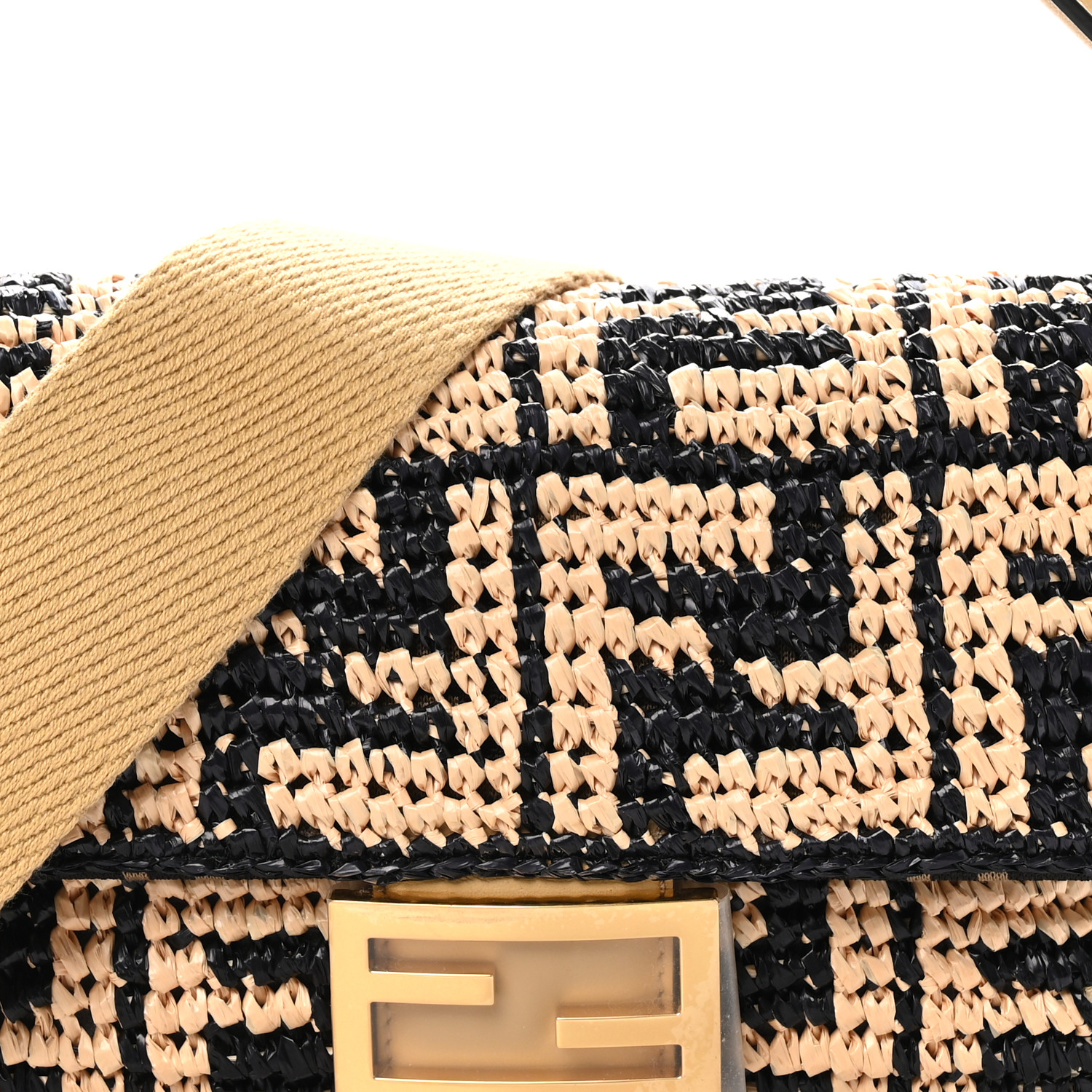 FENDI Raffia Vitello Grace FF Crochet Baguette Natural Black