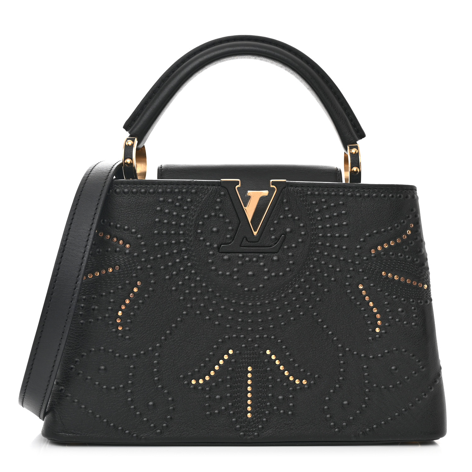 LOUIS VUITTON Calfskin Studded Flower Capucines BB Black
