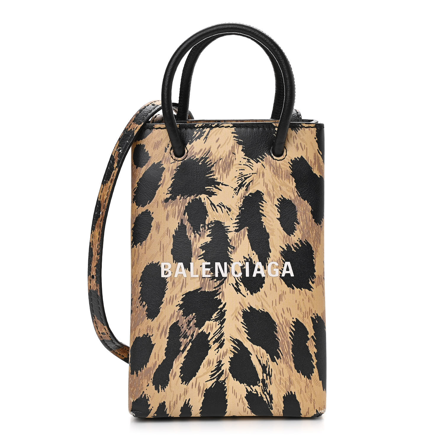 BALENCIAGA Smooth Calfskin Leopard Print Logo Shopping Phone