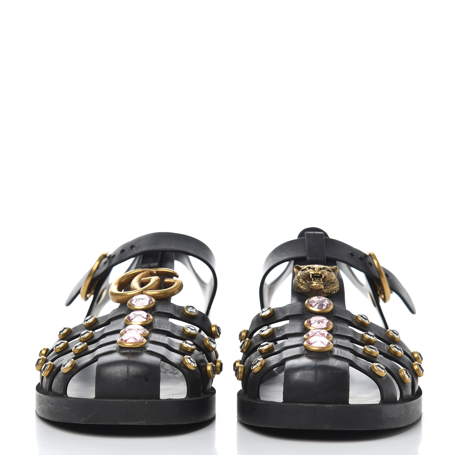 GUCCI Rubber Crystal Womens Buckle Strap Sandals 37 Black